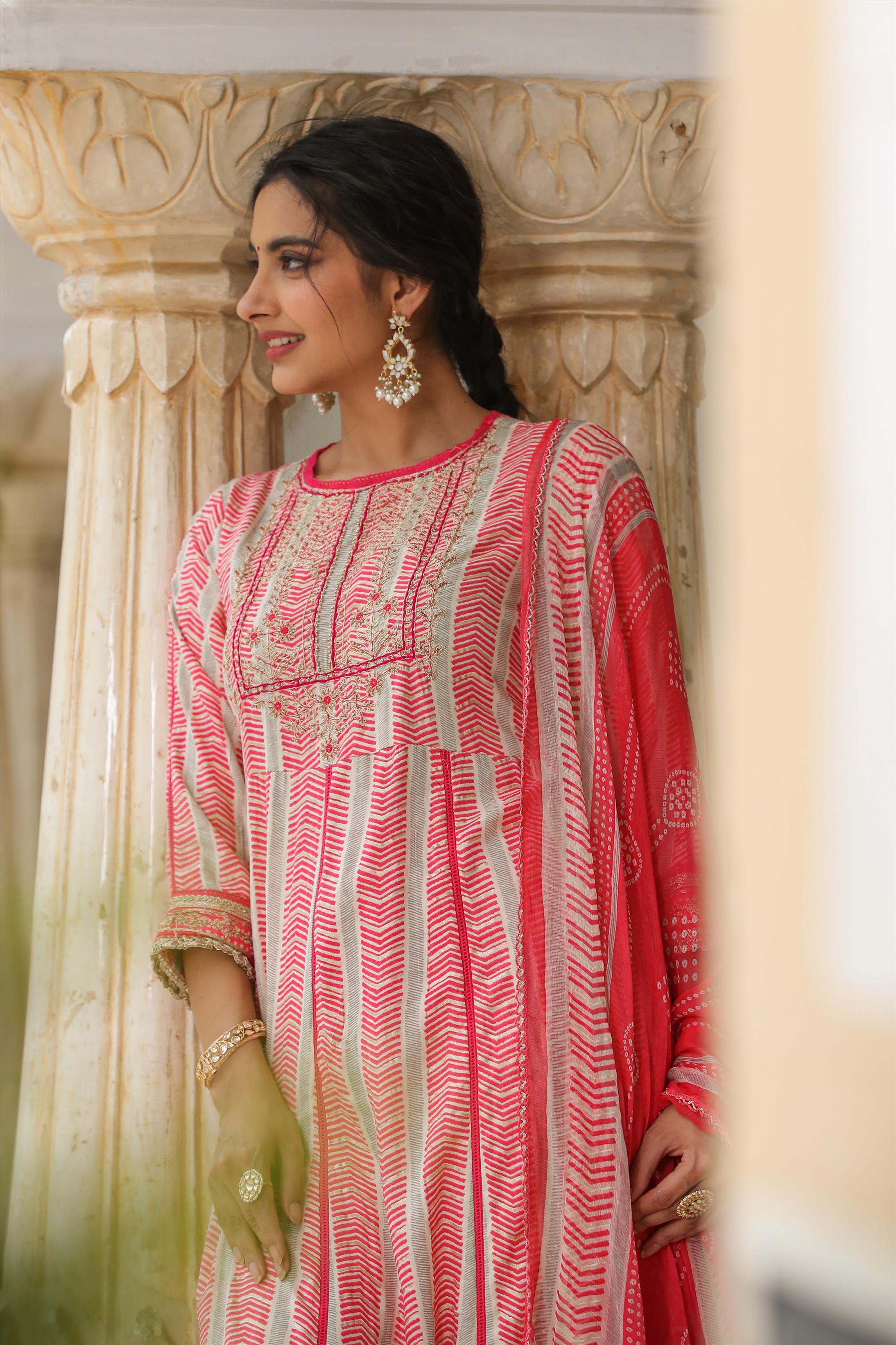 Pink German Rayon Gota Patti Anarkali Pant Dupatta Suit Set