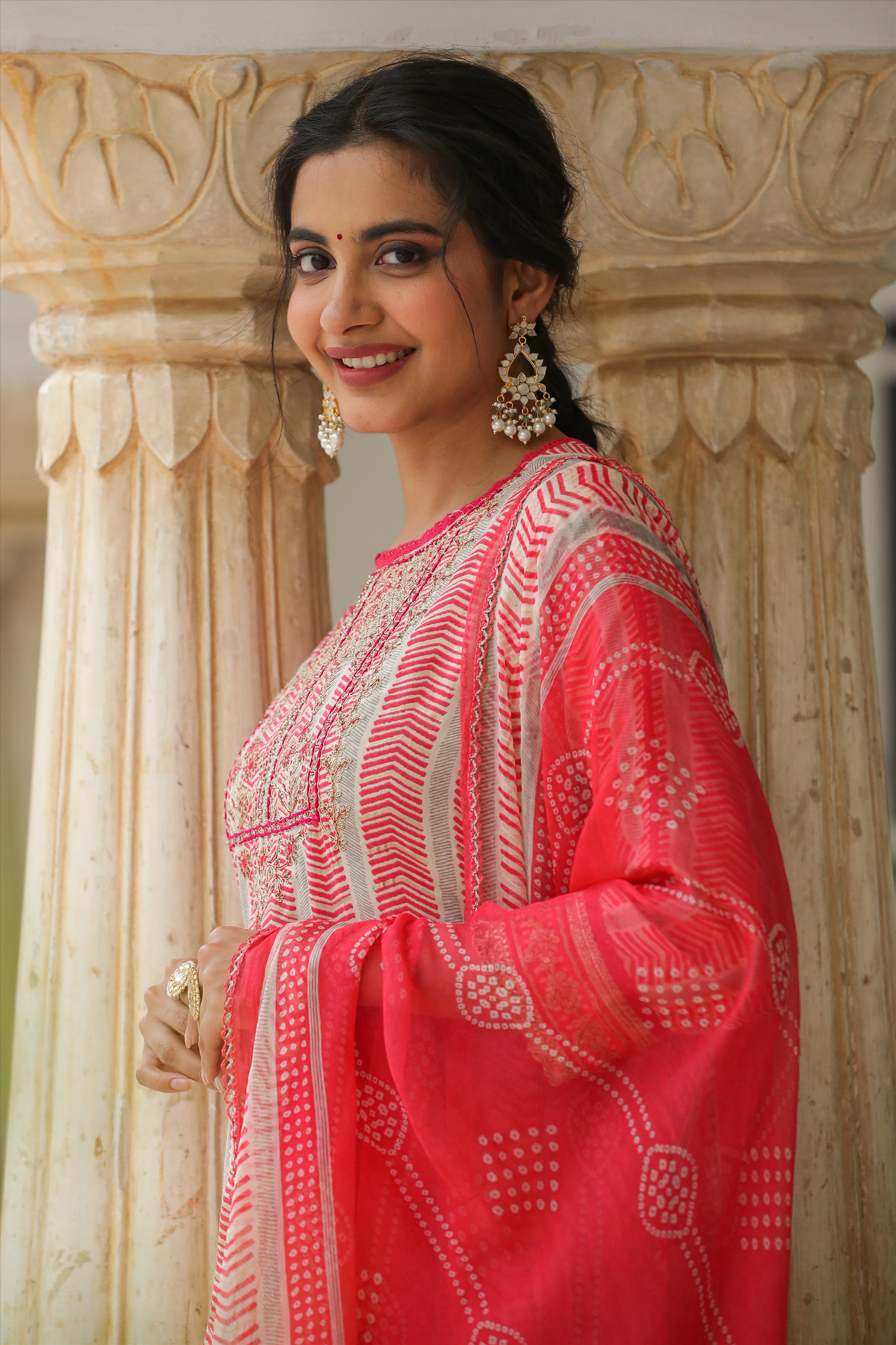 Pink German Rayon Gota Patti Anarkali Pant Dupatta Suit Set