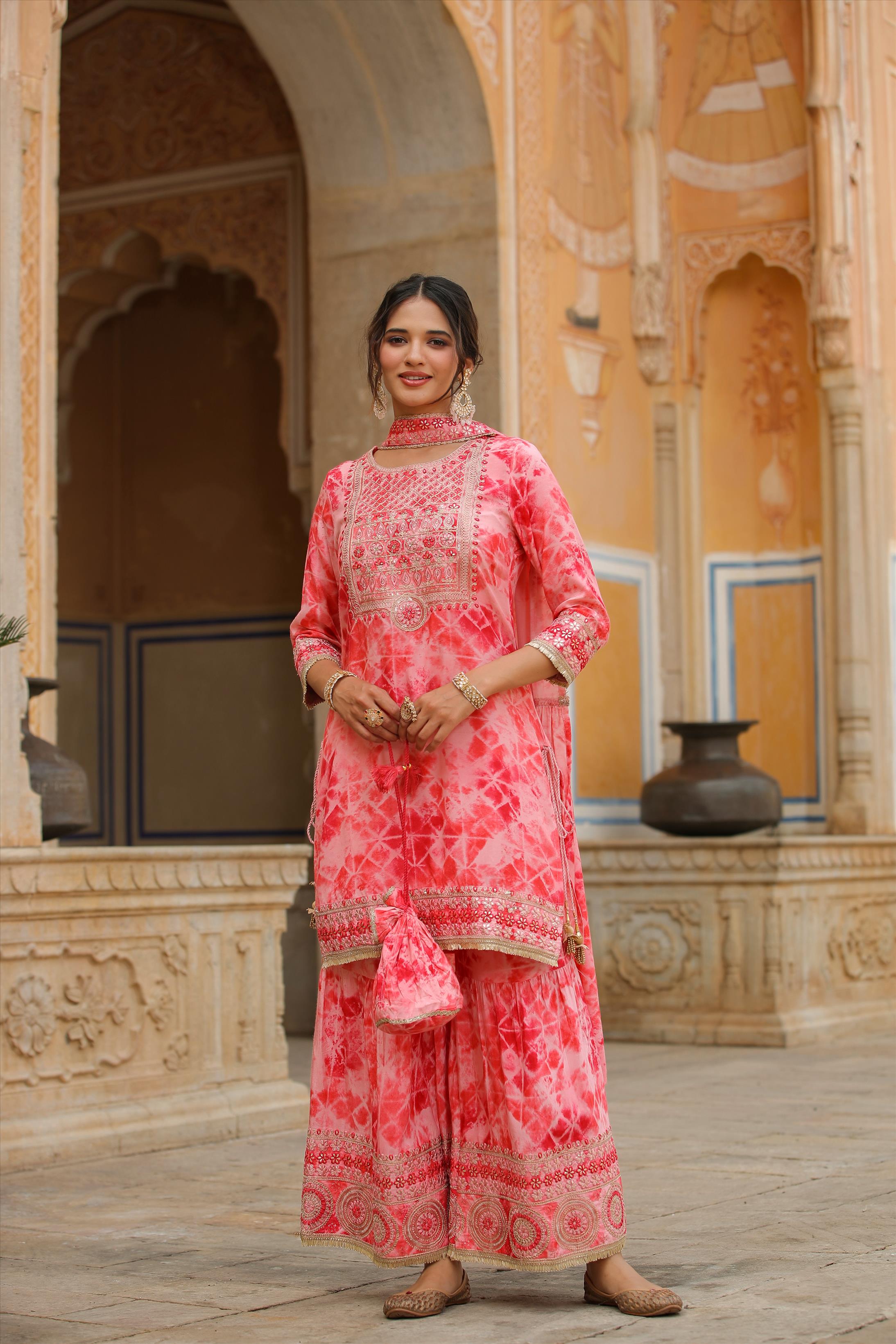 Pink Shalimar Silk Shibori Kurti Sharara Dupatta Set With Potli