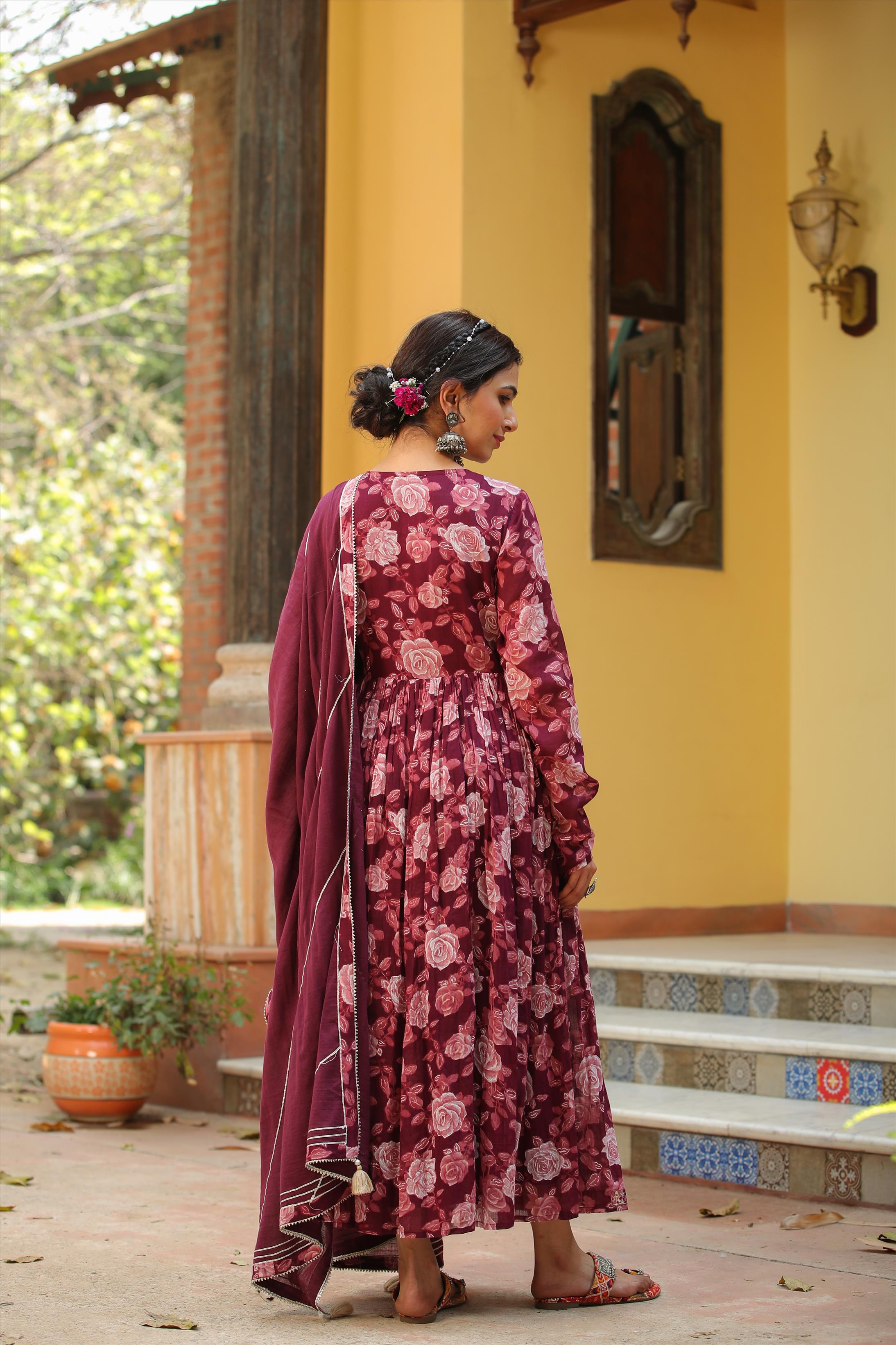 Mauve Mul Cotton Floral Print Gathered Ethnic Dress With Cotton Gota Work Dupatta