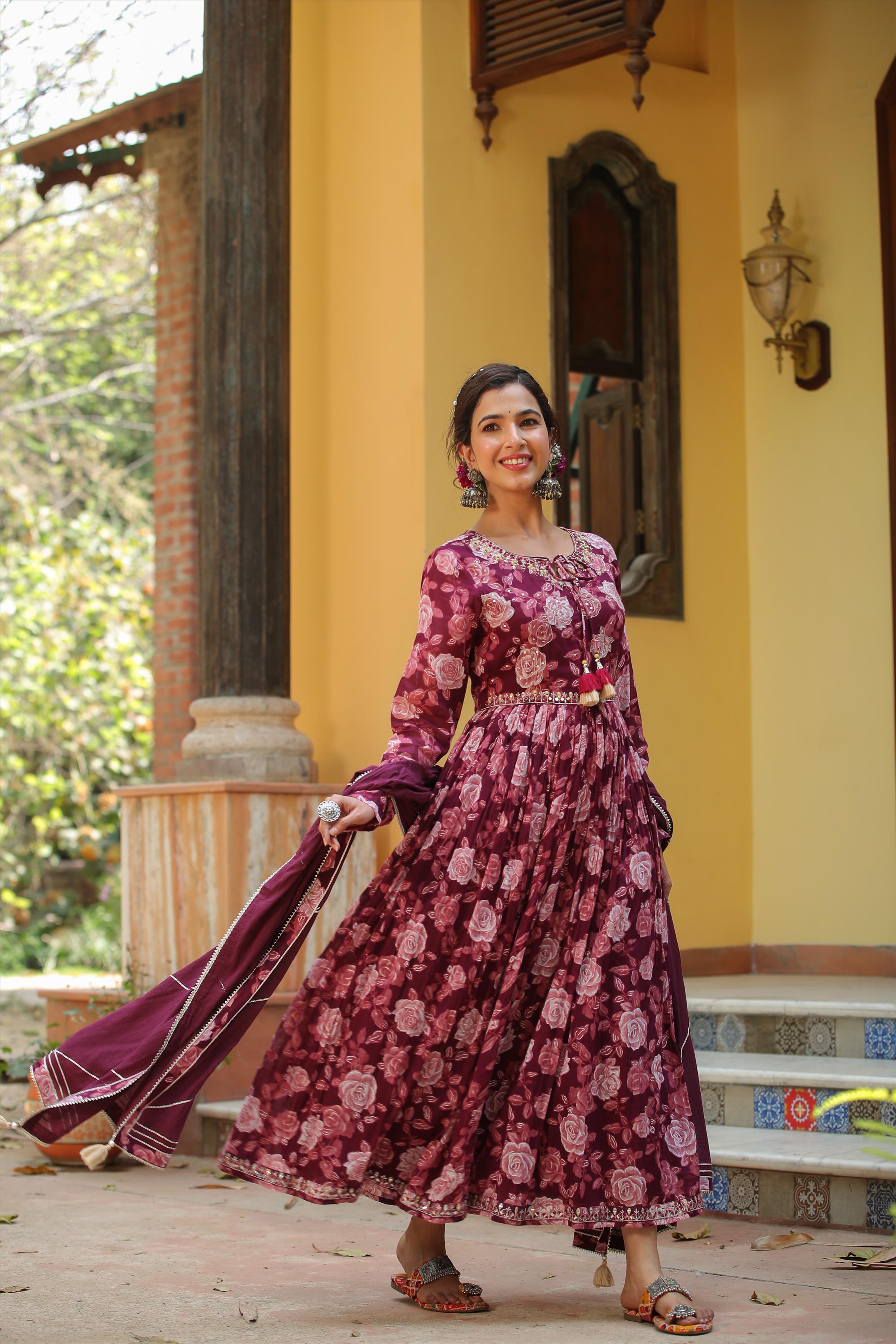 Mauve Mul Cotton Floral Print Gathered Ethnic Dress With Cotton Gota Work Dupatta