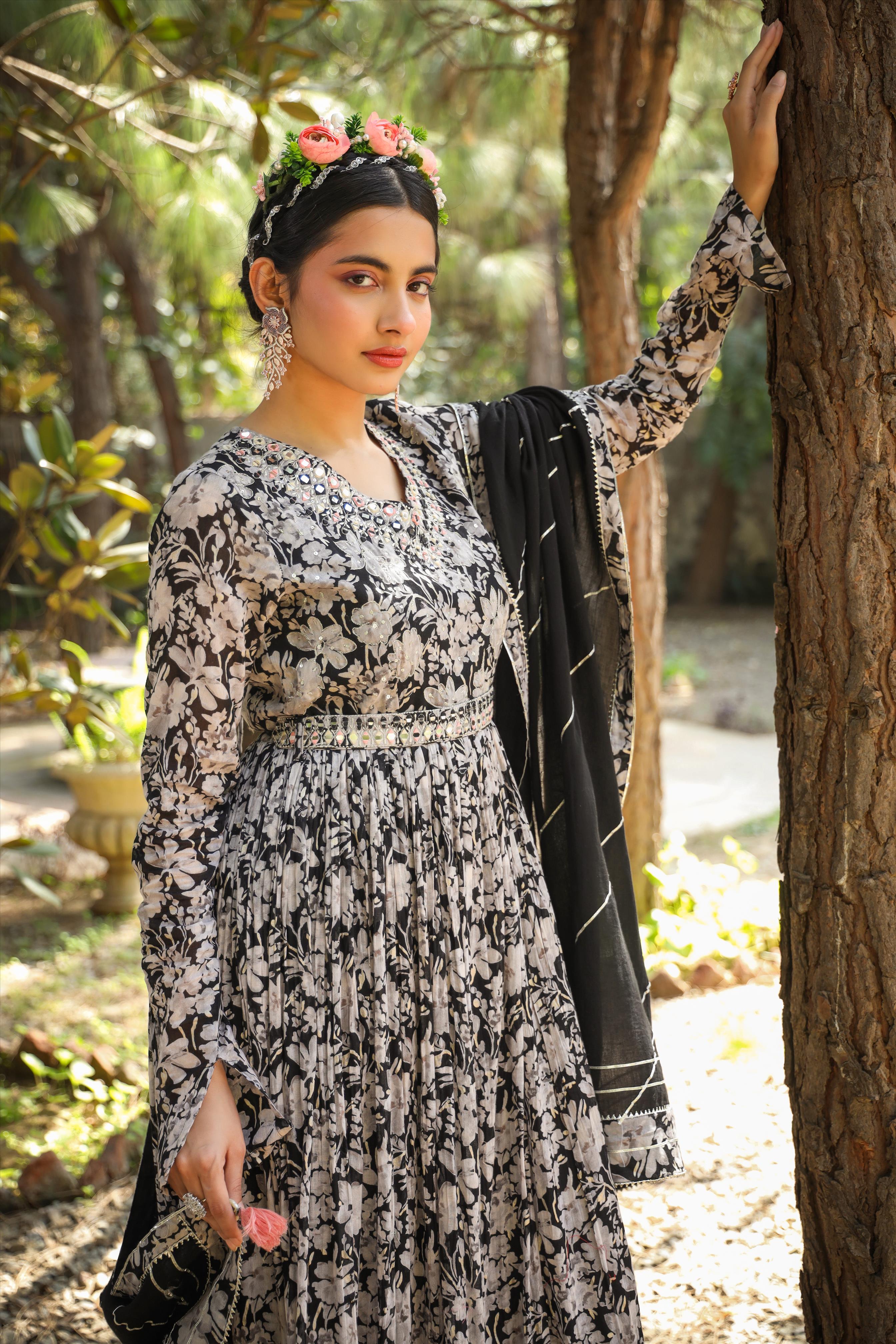 Black Mul Cotton Floral Print Gathered Ethnic Dress With Cotton Gota Work Dupatta And Belt