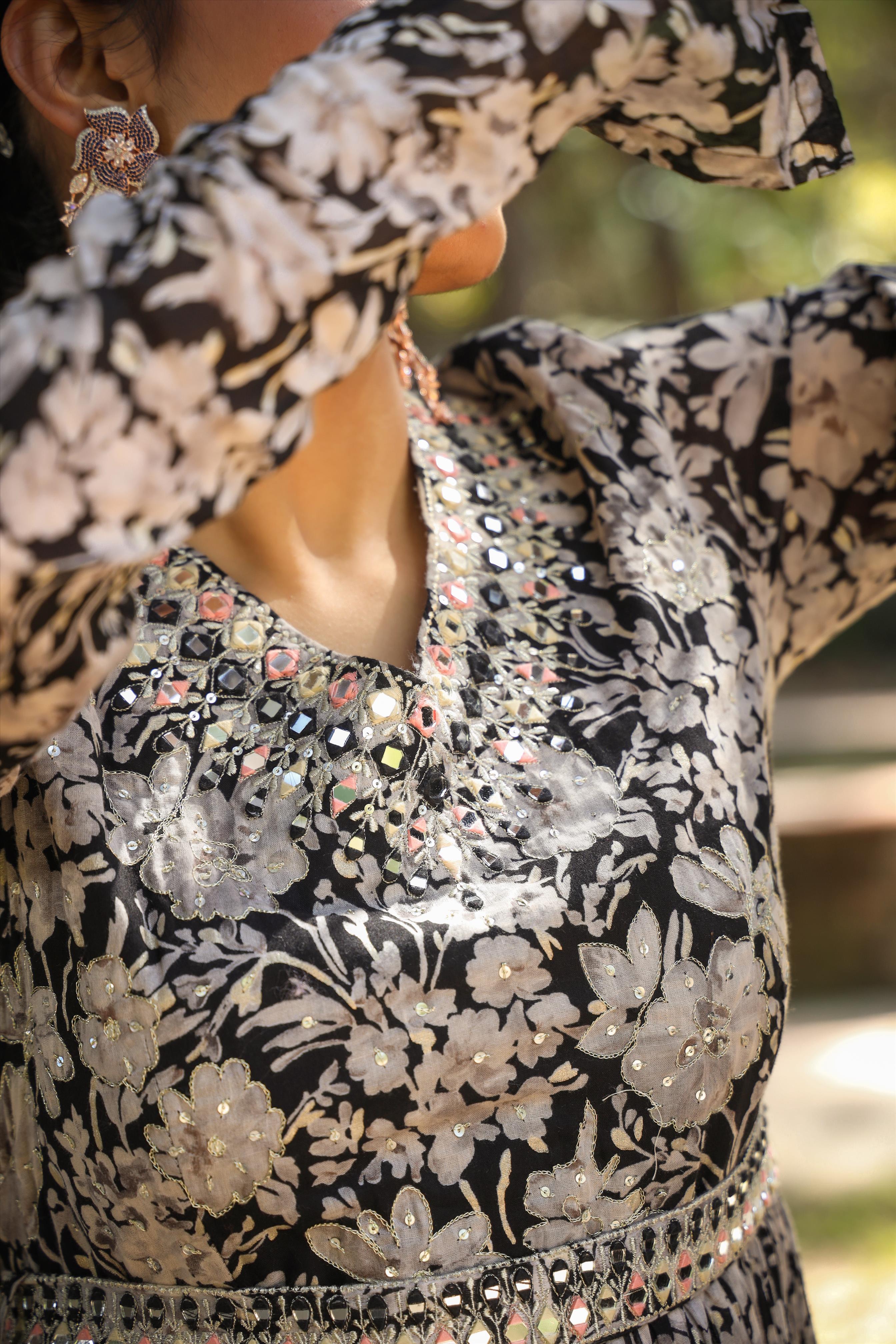 Black Mul Cotton Floral Print Gathered Ethnic Dress With Cotton Gota Work Dupatta And Belt
