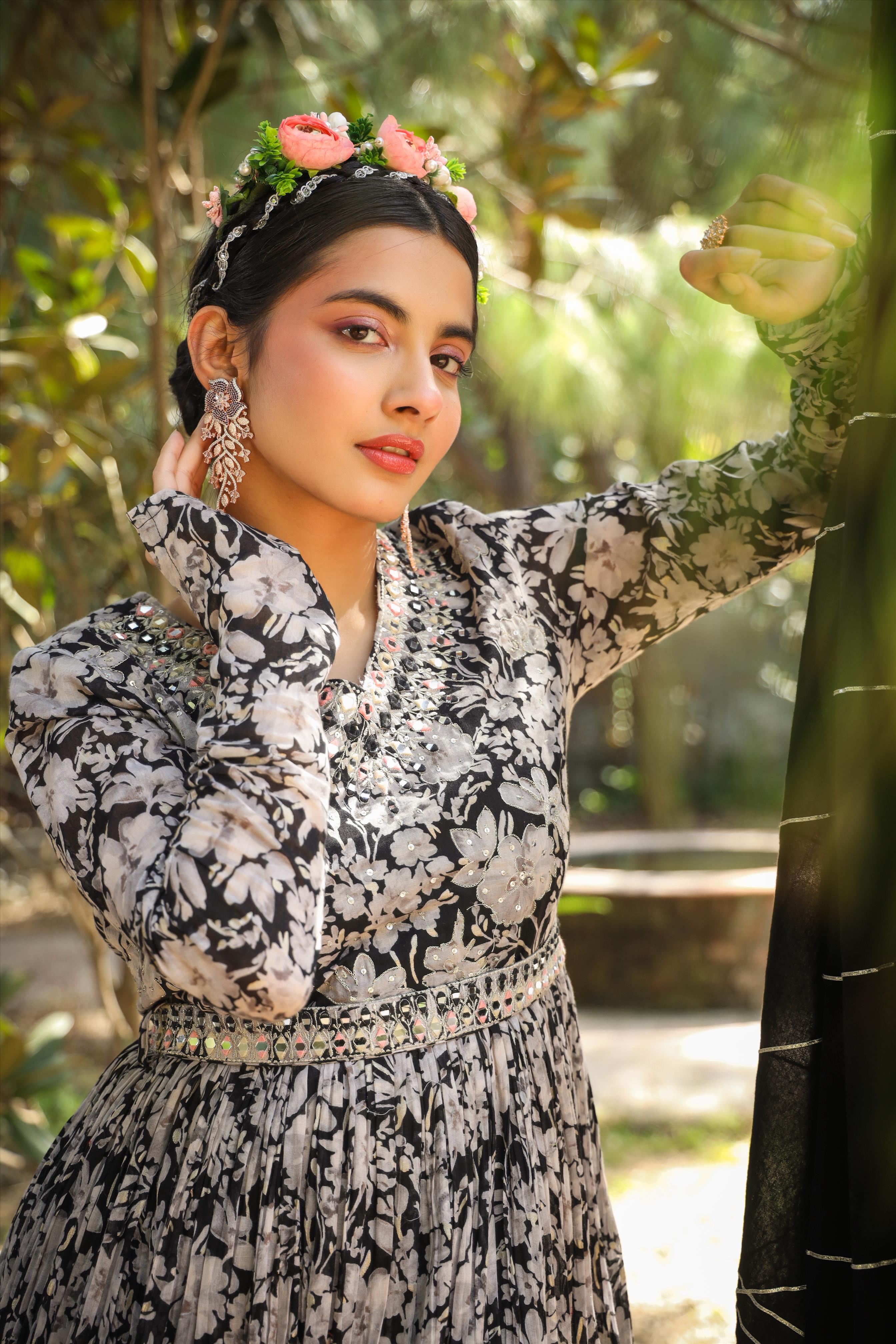 Black Mul Cotton Floral Print Gathered Ethnic Dress With Cotton Gota Work Dupatta And Belt