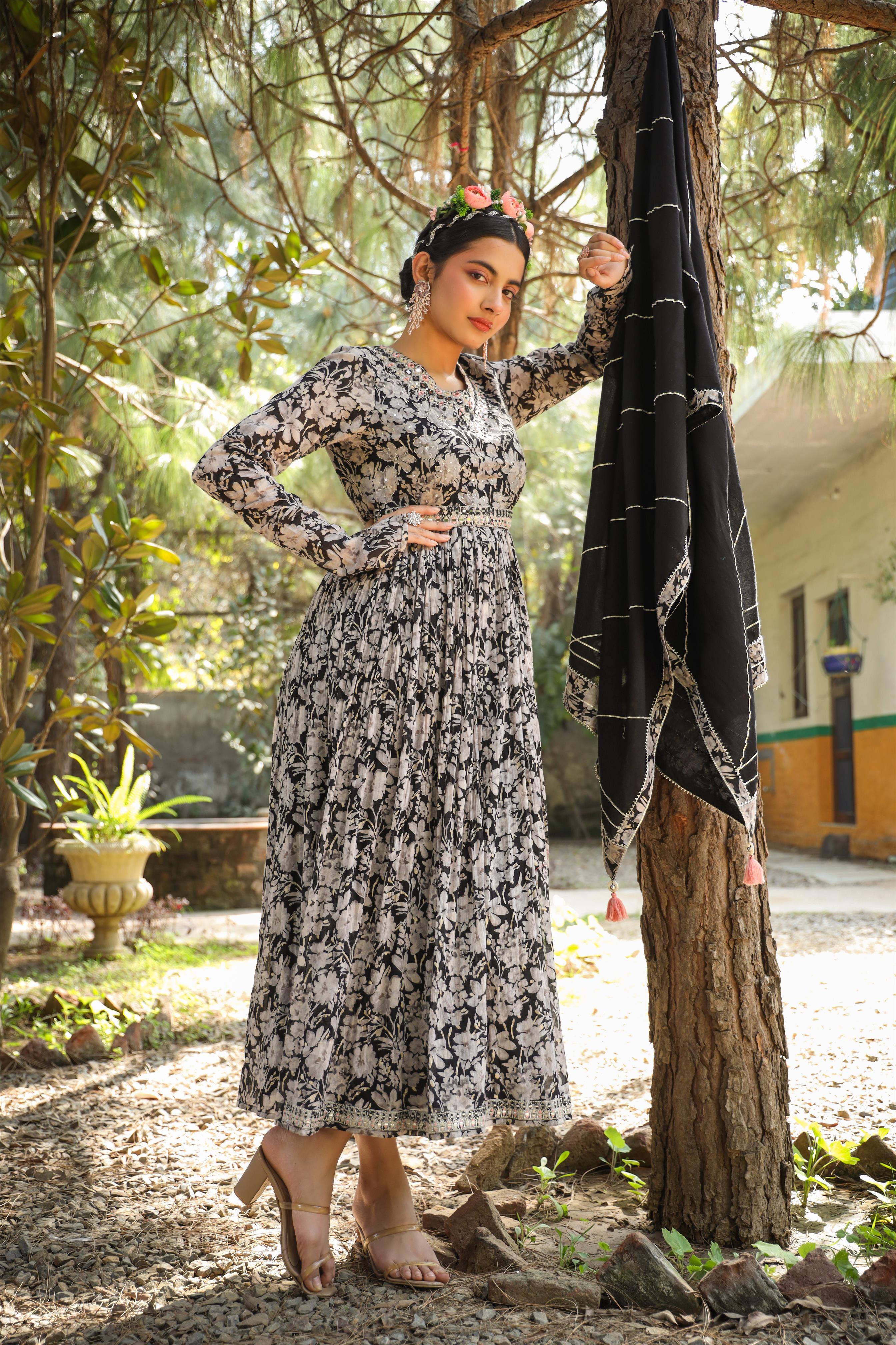Black Mul Cotton Floral Print Gathered Ethnic Dress With Cotton Gota Work Dupatta And Belt