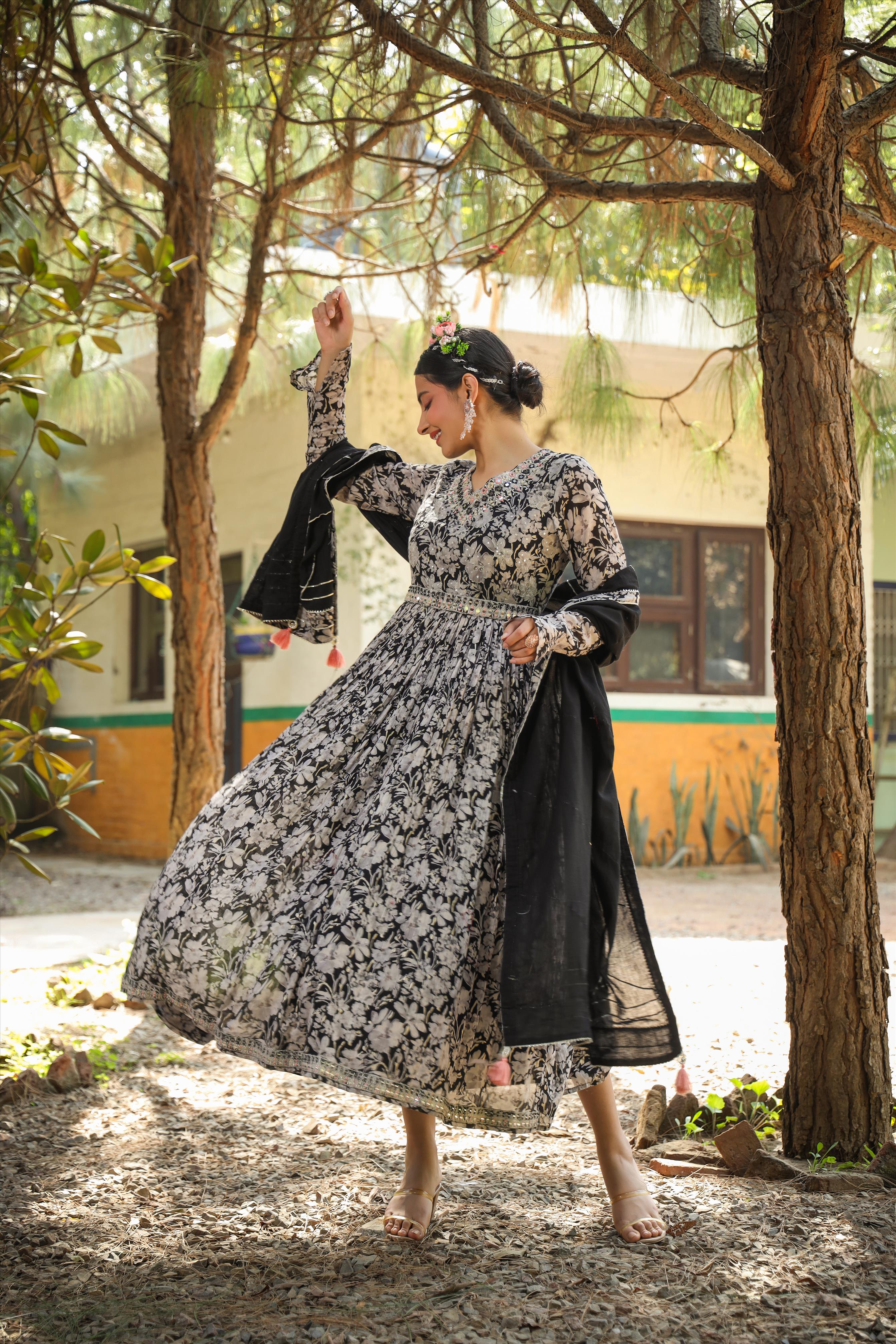 Black Mul Cotton Floral Print Gathered Ethnic Dress With Cotton Gota Work Dupatta And Belt