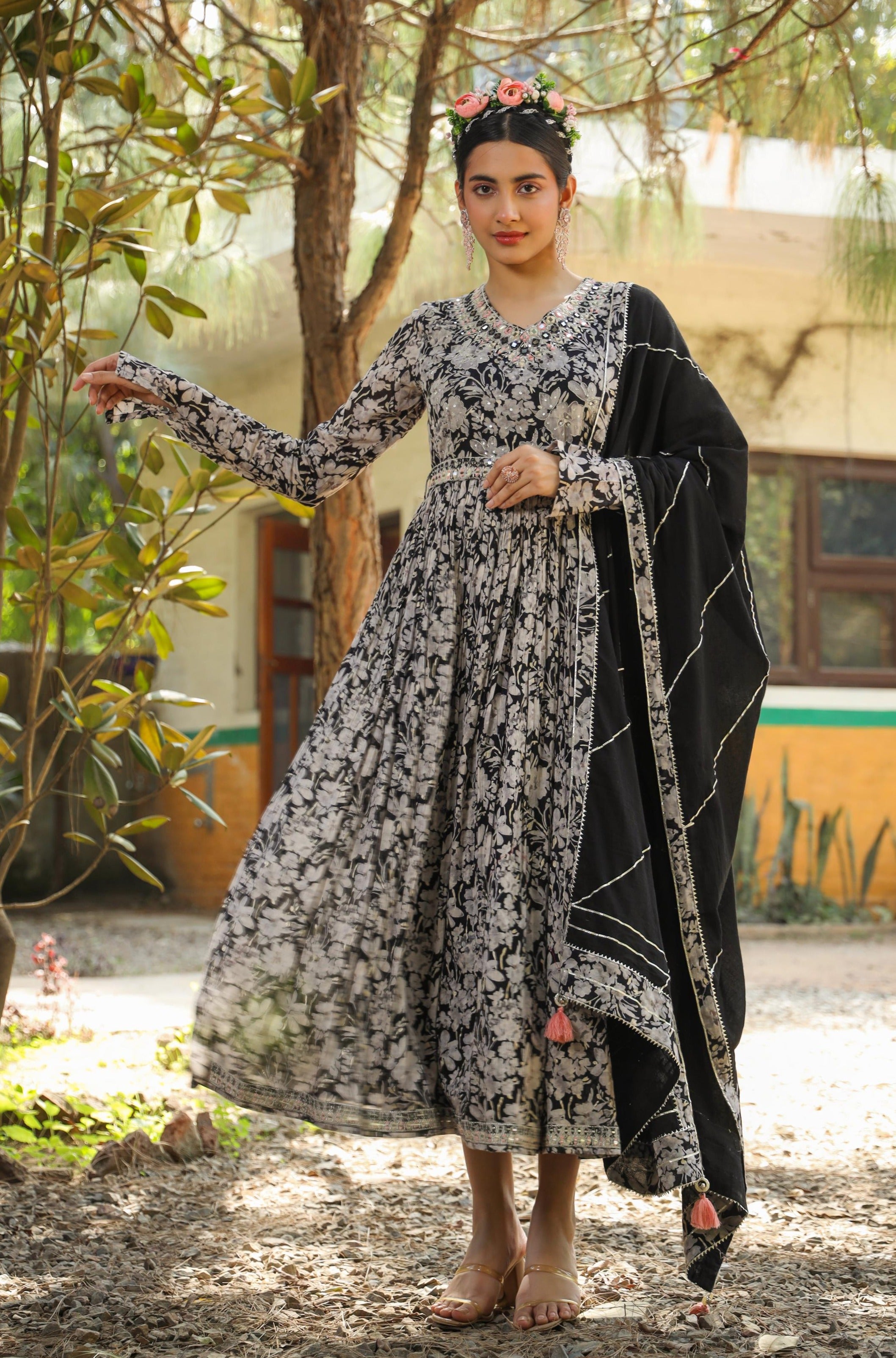 Black Mul Cotton Floral Print Gathered Ethnic Dress With Cotton Gota Work Dupatta And Belt