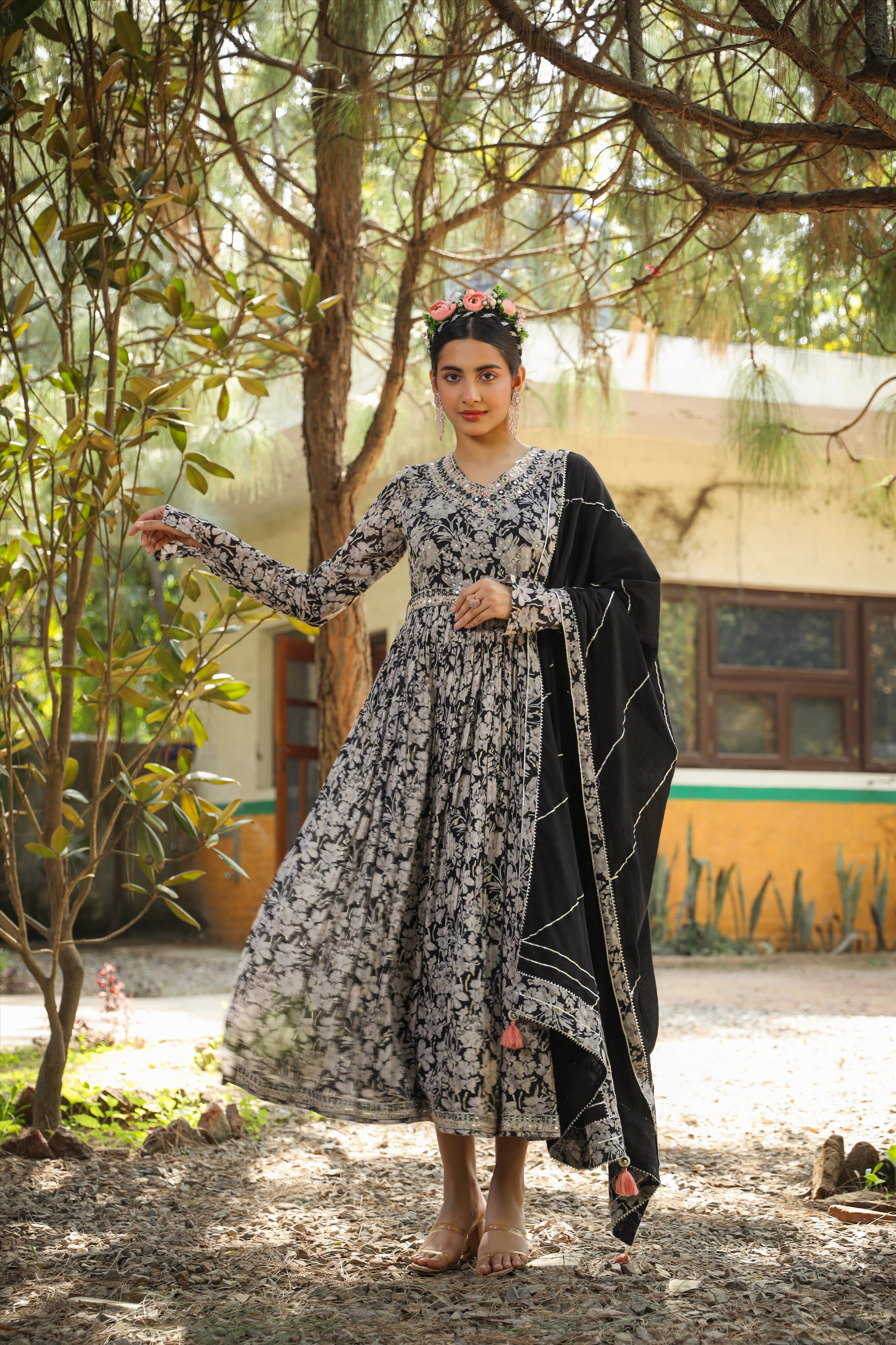 Black Mul Cotton Floral Print Gathered Ethnic Dress With Cotton Gota Work Dupatta And Belt
