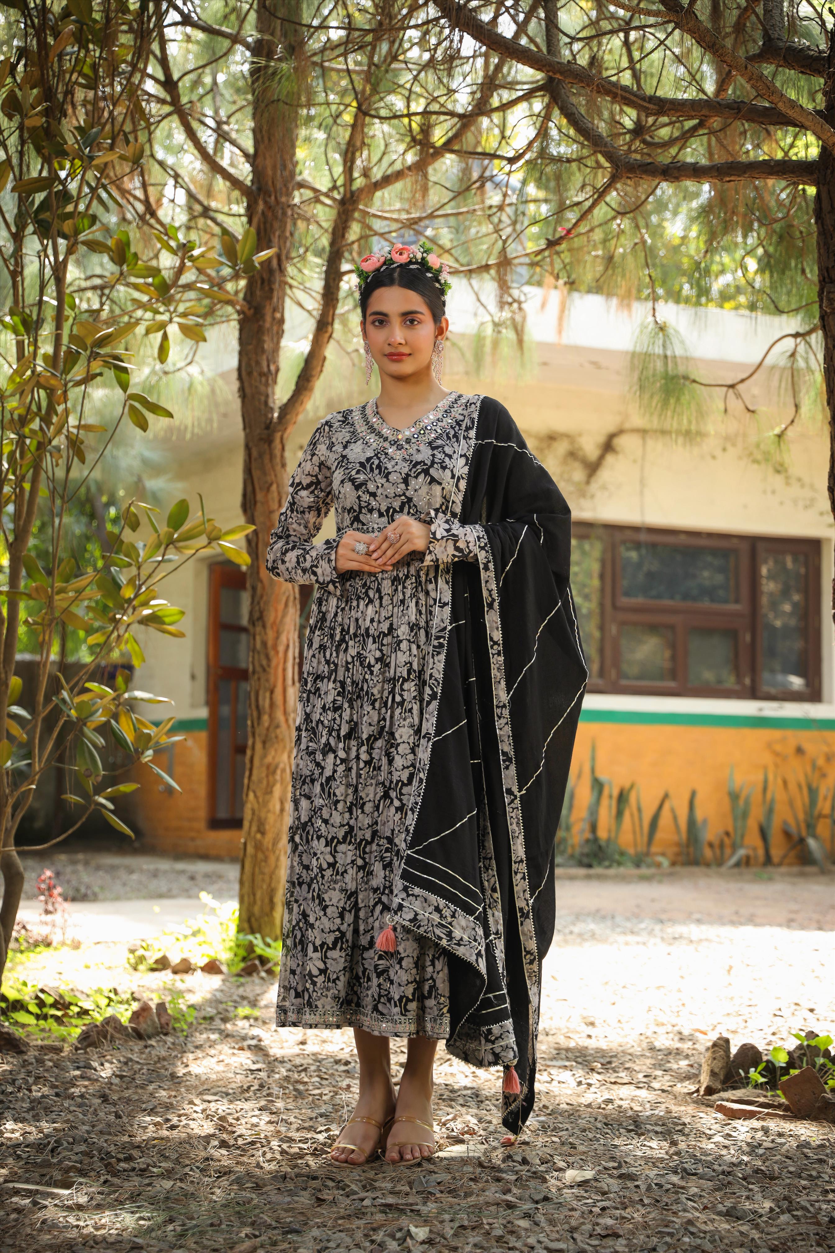 Black Mul Cotton Floral Print Gathered Ethnic Dress With Cotton Gota Work Dupatta And Belt