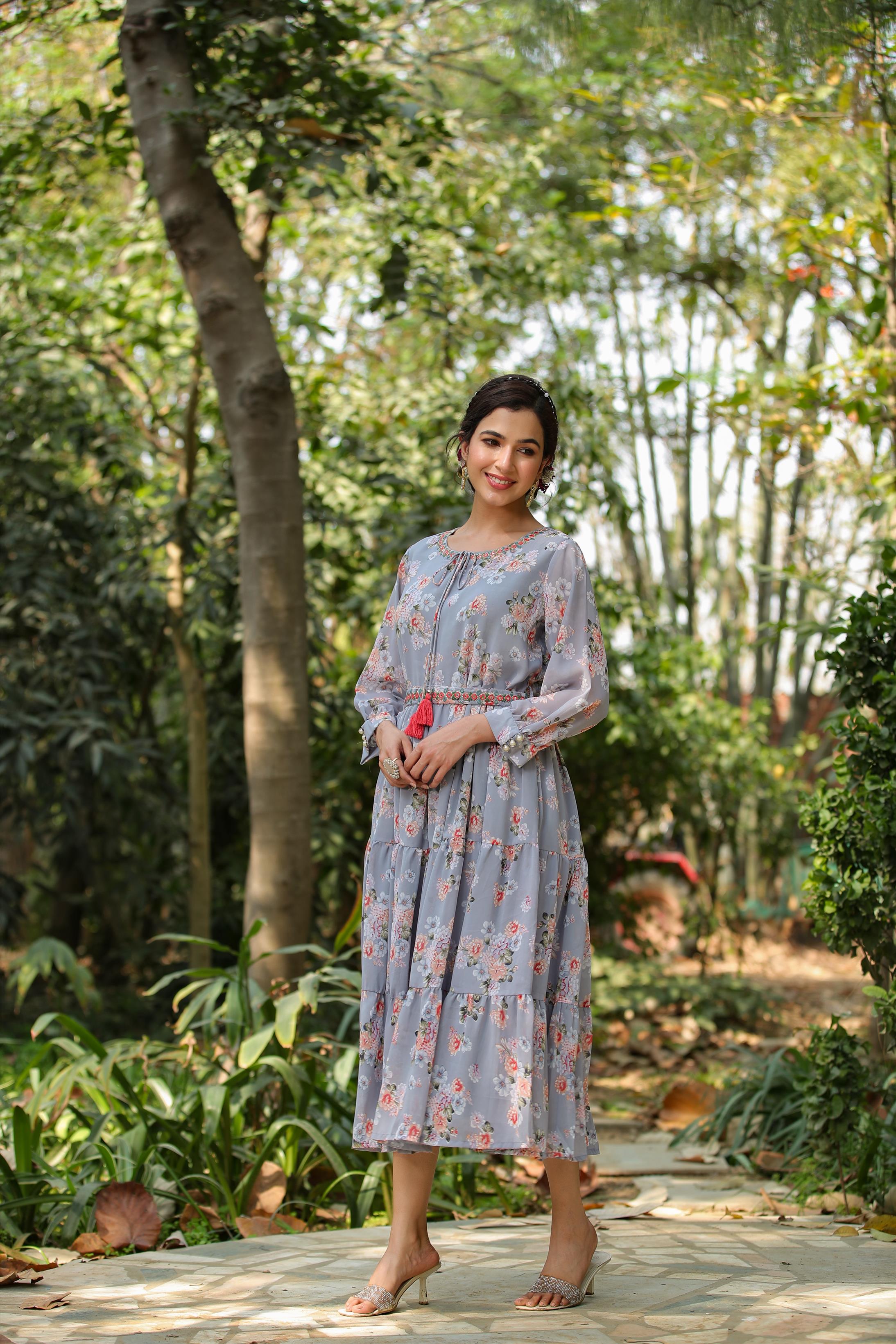 Skyblue Georgette Floral Print Tiered Dress With Belt