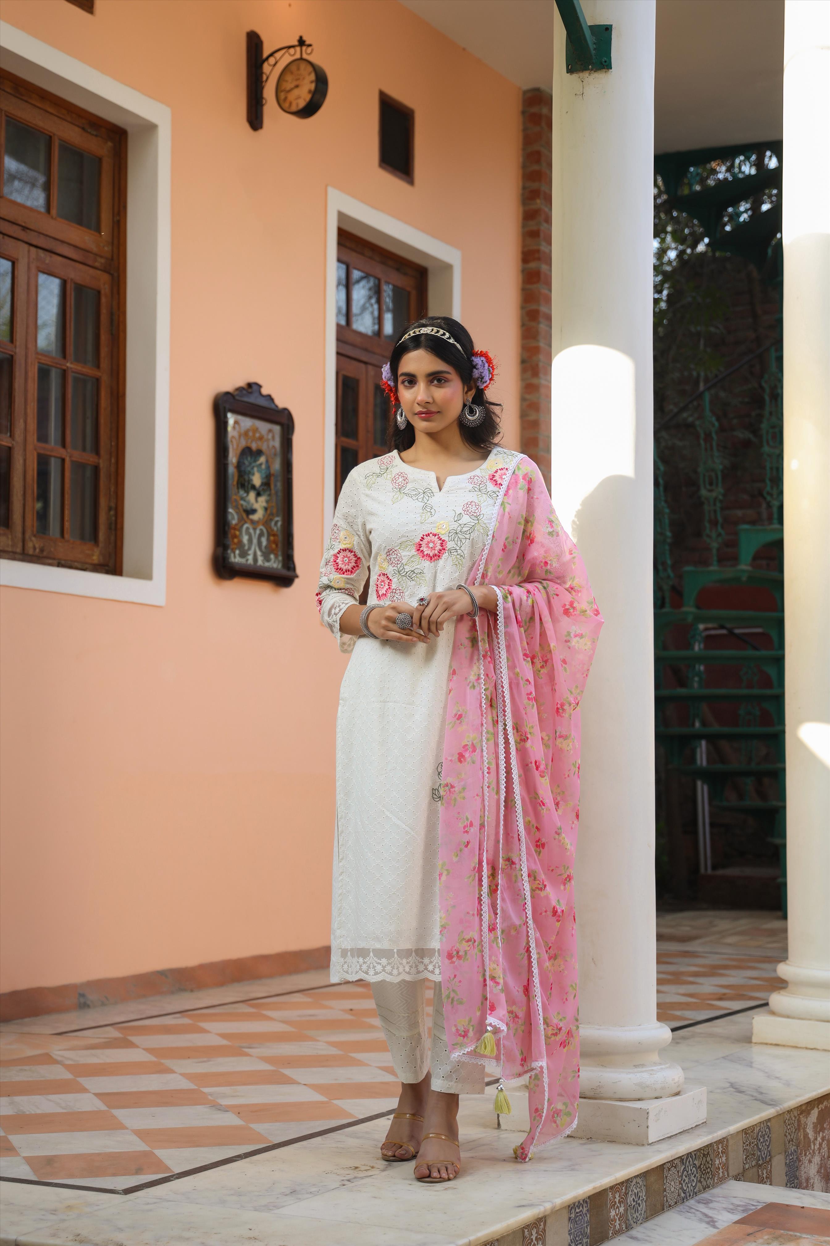 White Cotton Schiffli Embroidered Kurta Pant Dupatta Suit Set