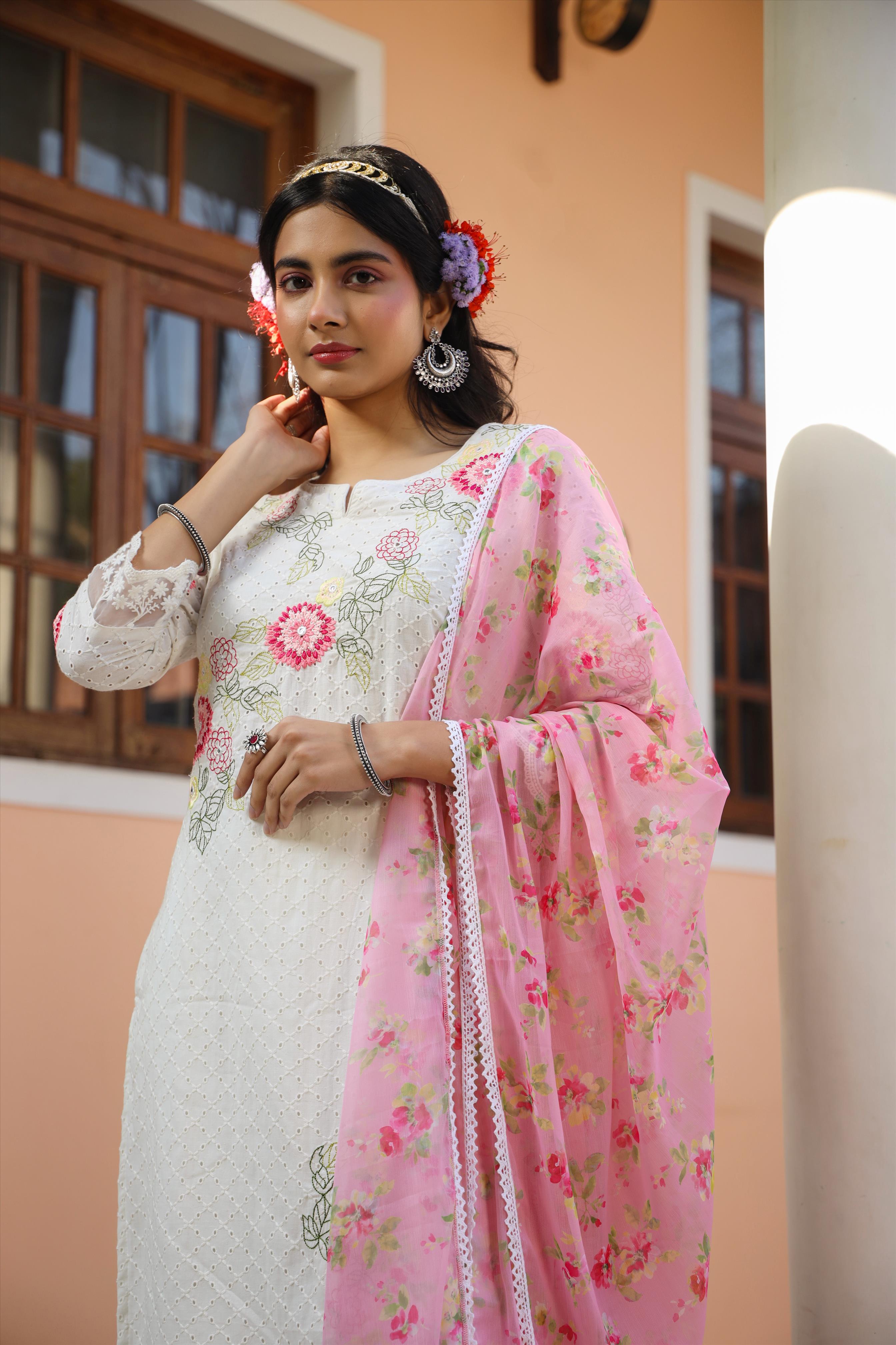 White Cotton Schiffli Embroidered Kurta Pant Dupatta Suit Set