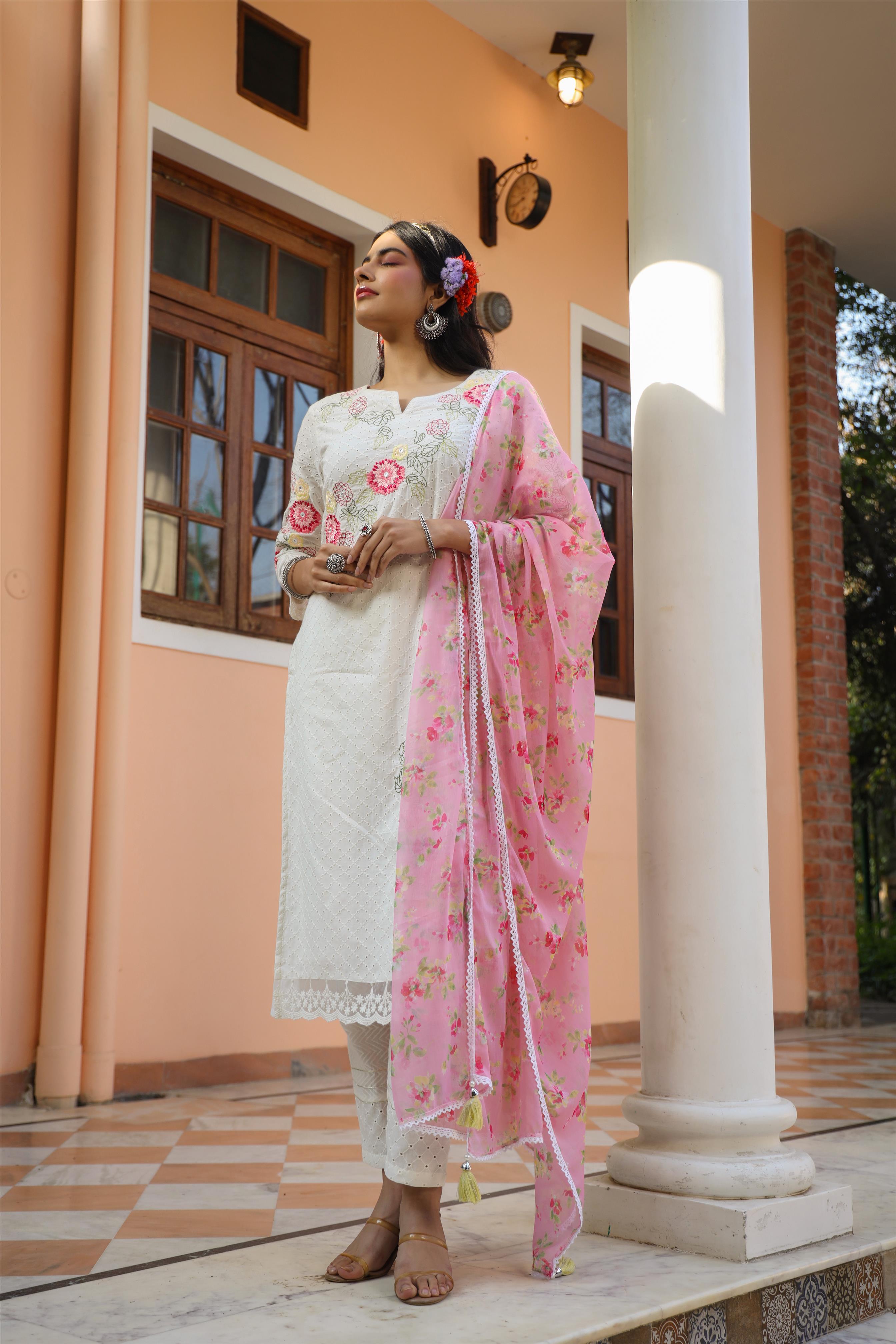 White Cotton Schiffli Embroidered Kurta Pant Dupatta Suit Set