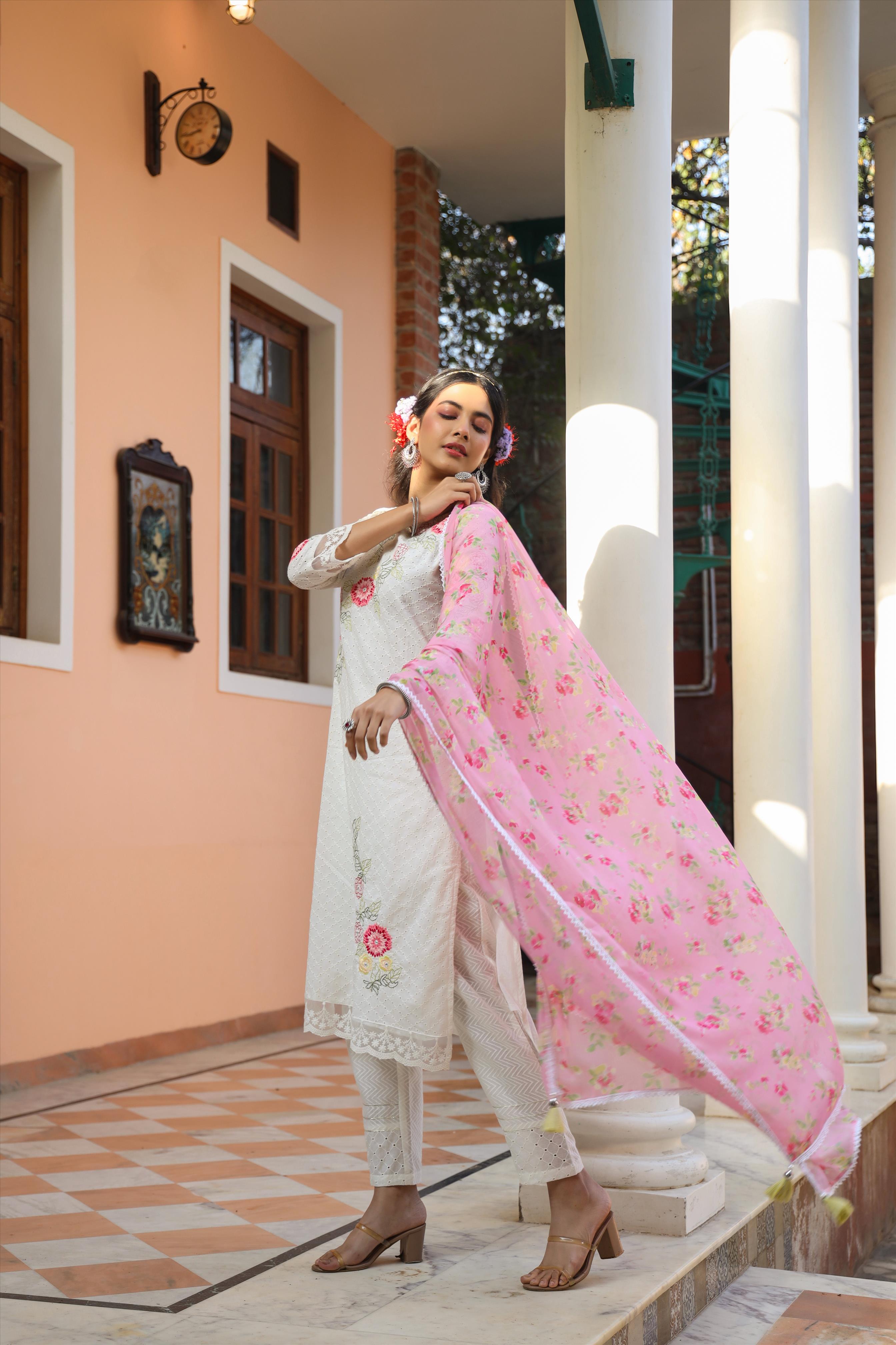 White Cotton Schiffli Embroidered Kurta Pant Dupatta Suit Set