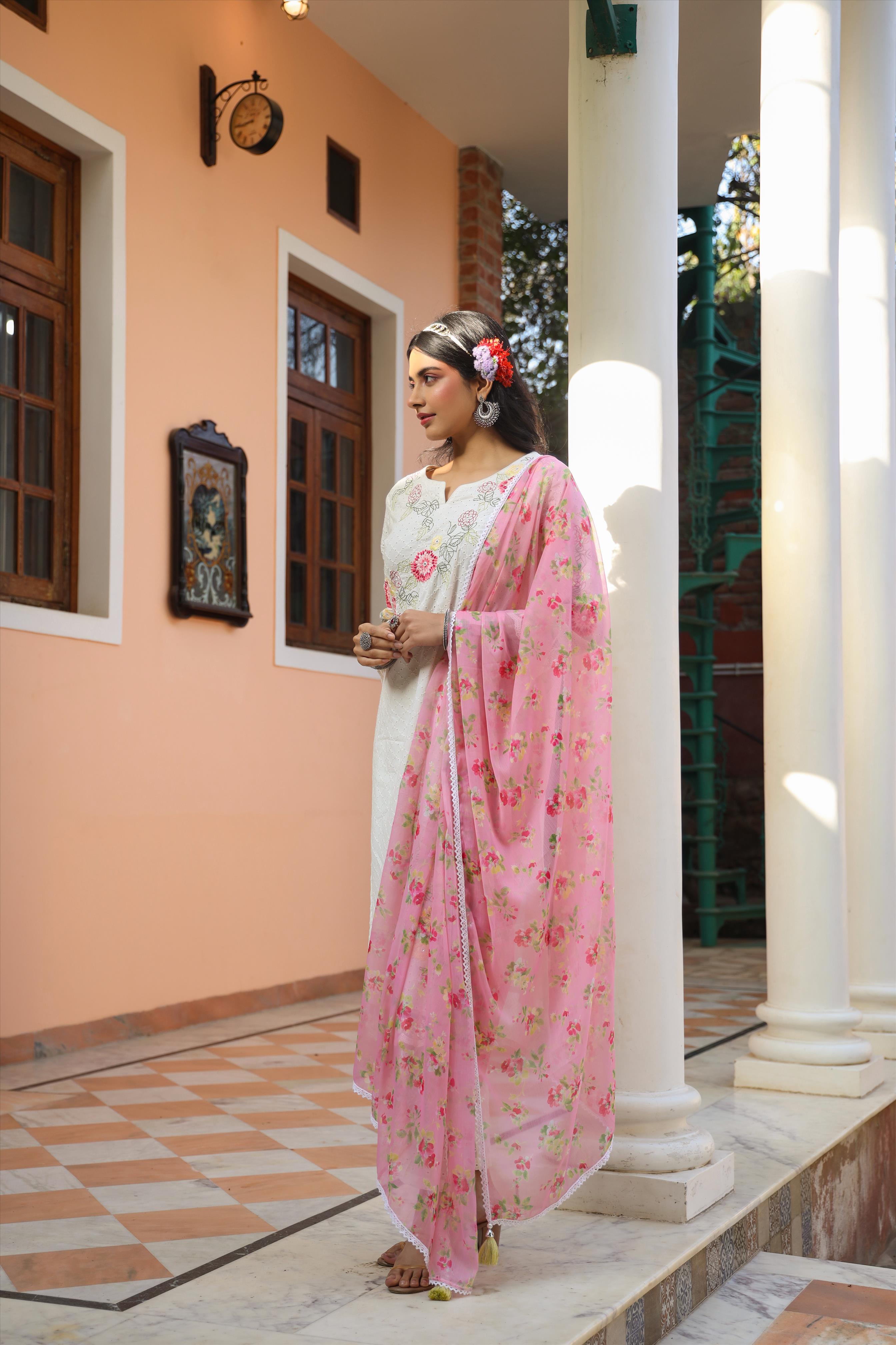 White Cotton Schiffli Embroidered Kurta Pant Dupatta Suit Set