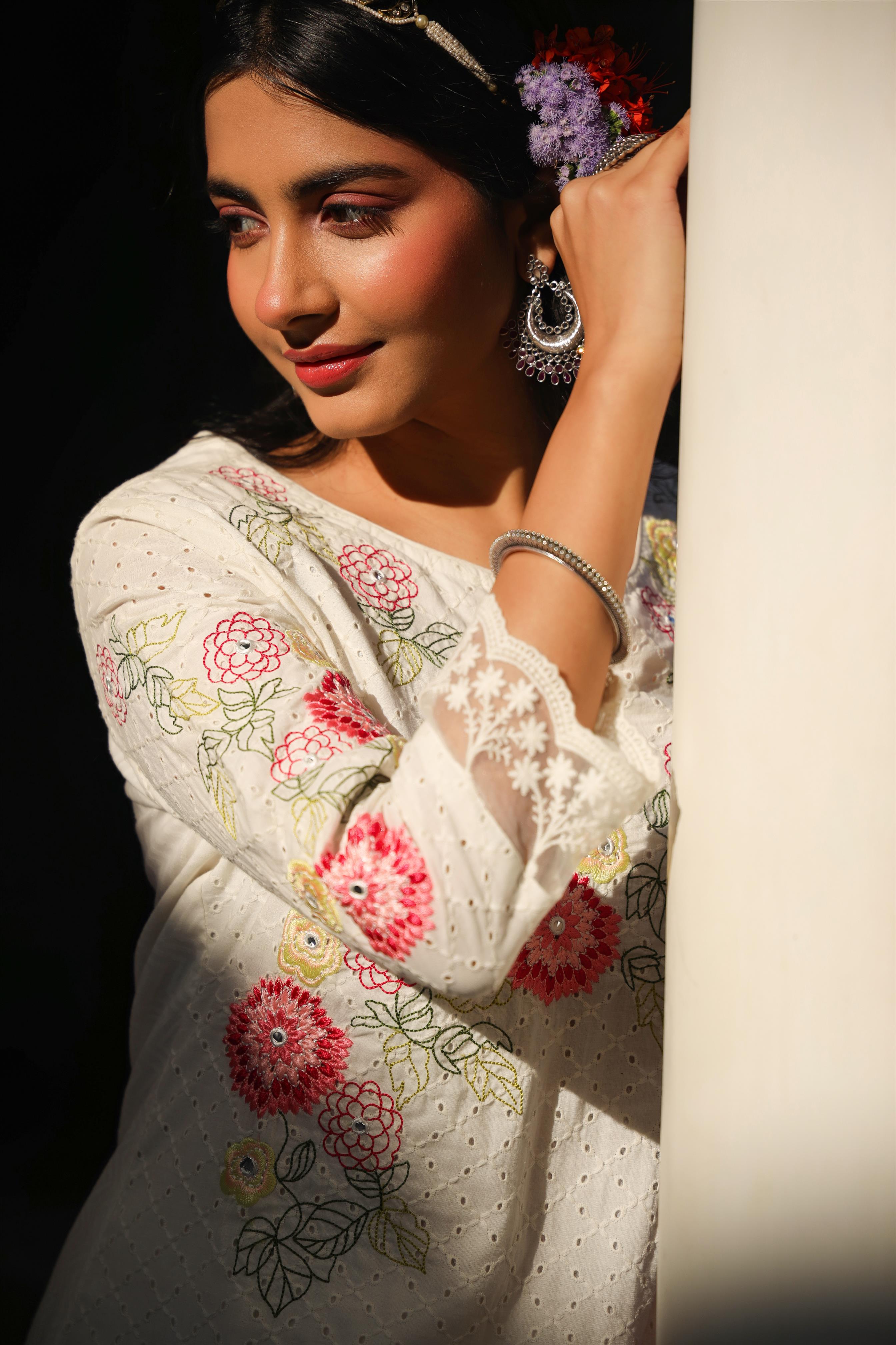 White Cotton Schiffli Embroidered Kurta Pant Dupatta Suit Set
