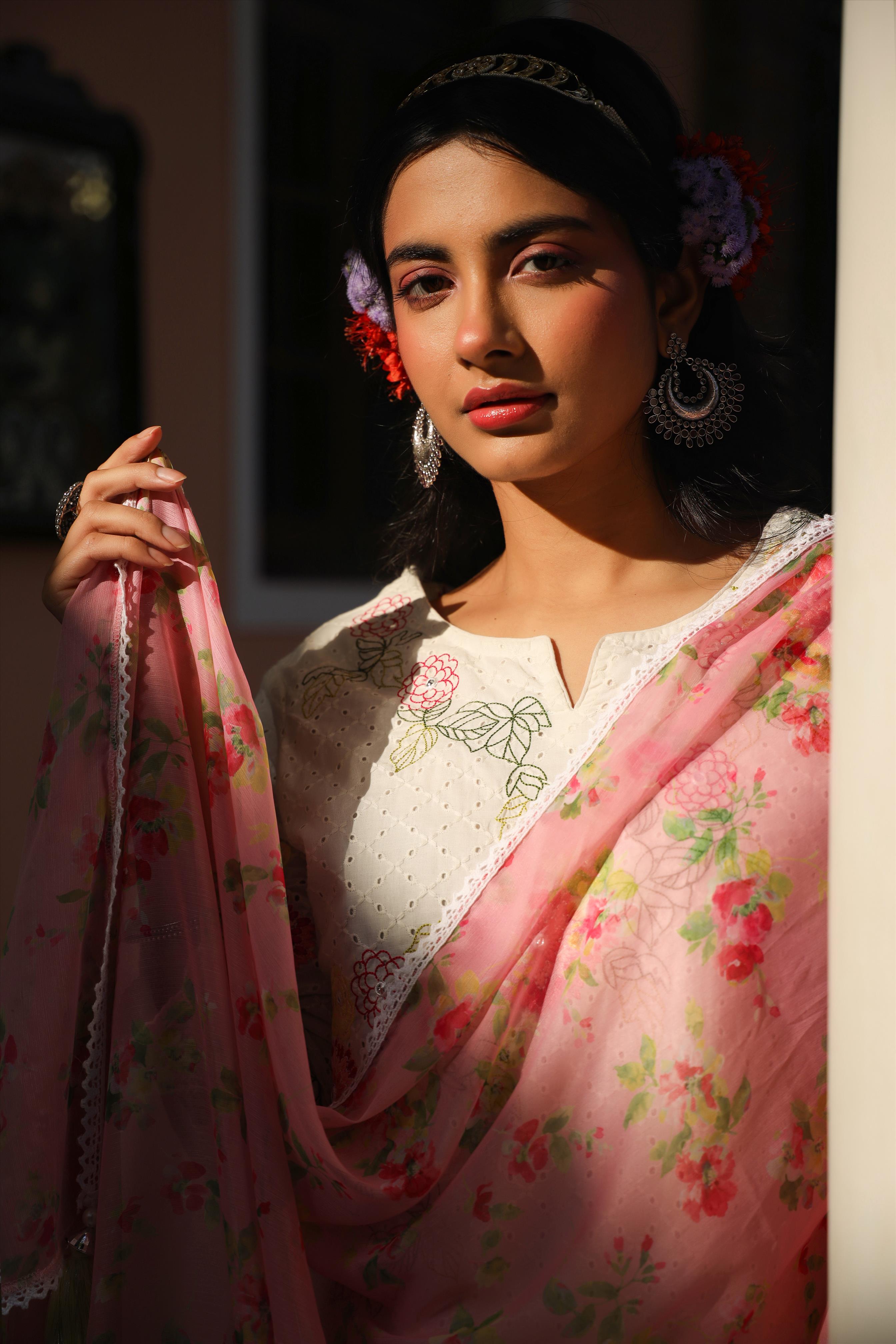 White Cotton Schiffli Embroidered Kurta Pant Dupatta Suit Set