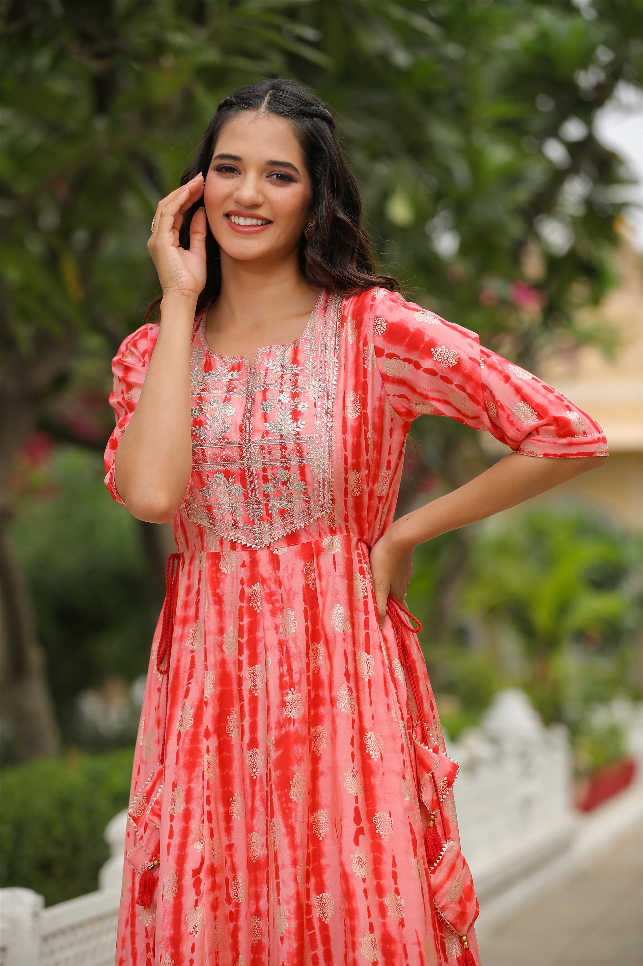 Red Modal Chanderi Shibori Anarkali Kurta
