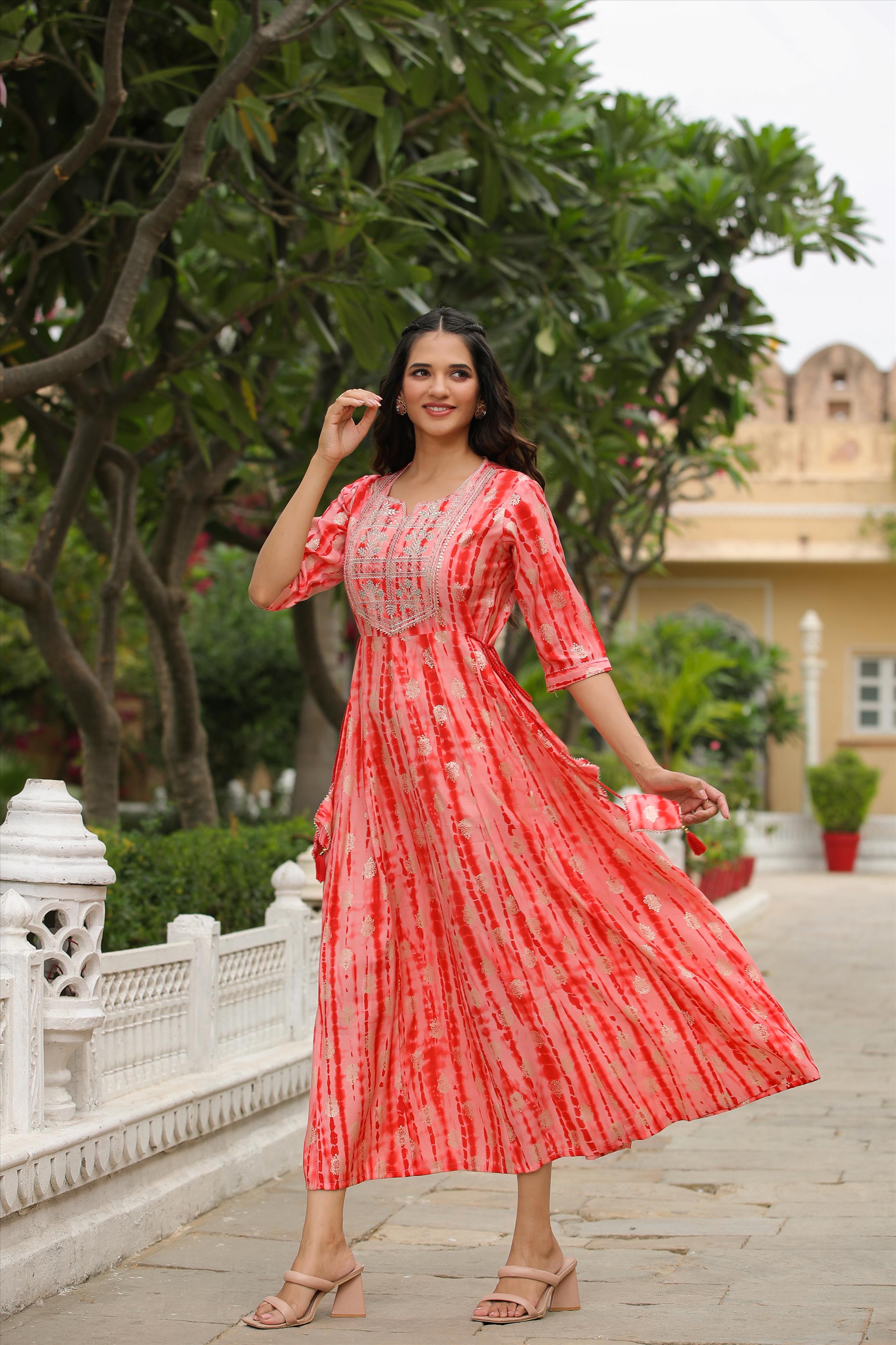 Red Modal Chanderi Shibori Anarkali Kurta