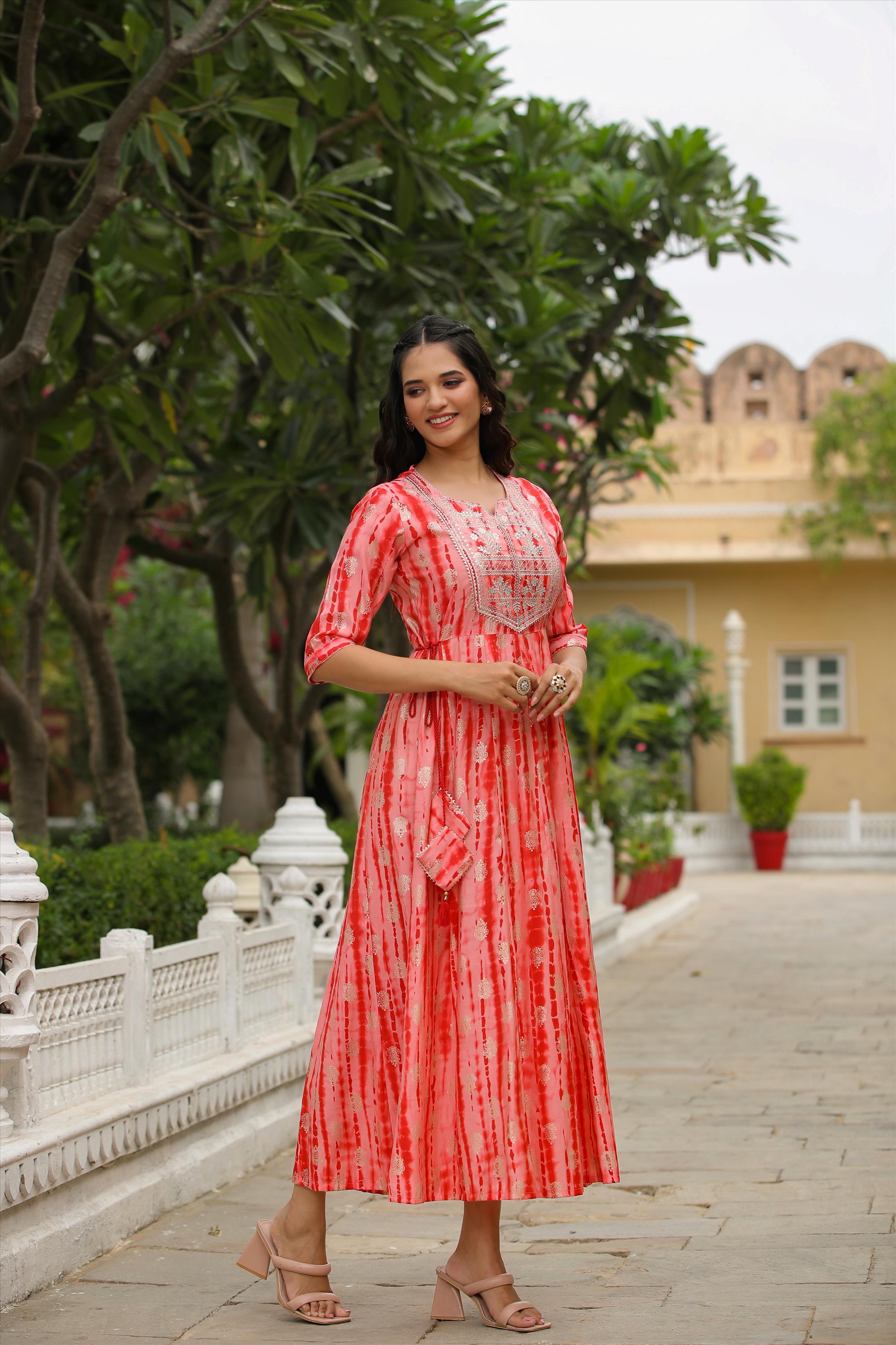 Red Modal Chanderi Shibori Anarkali Kurta