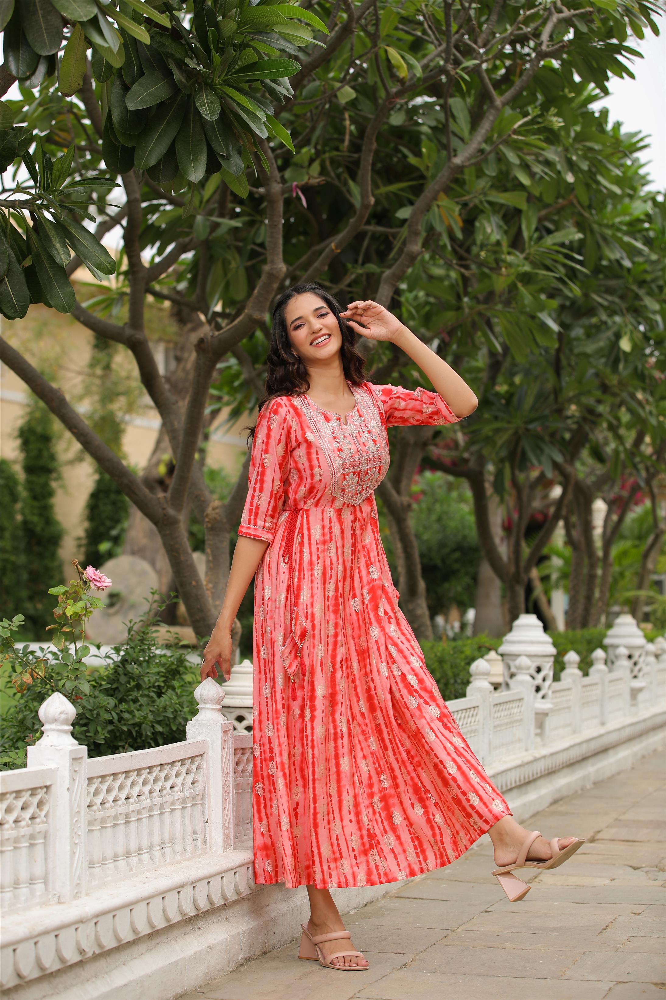 Red Modal Chanderi Shibori Anarkali Kurta