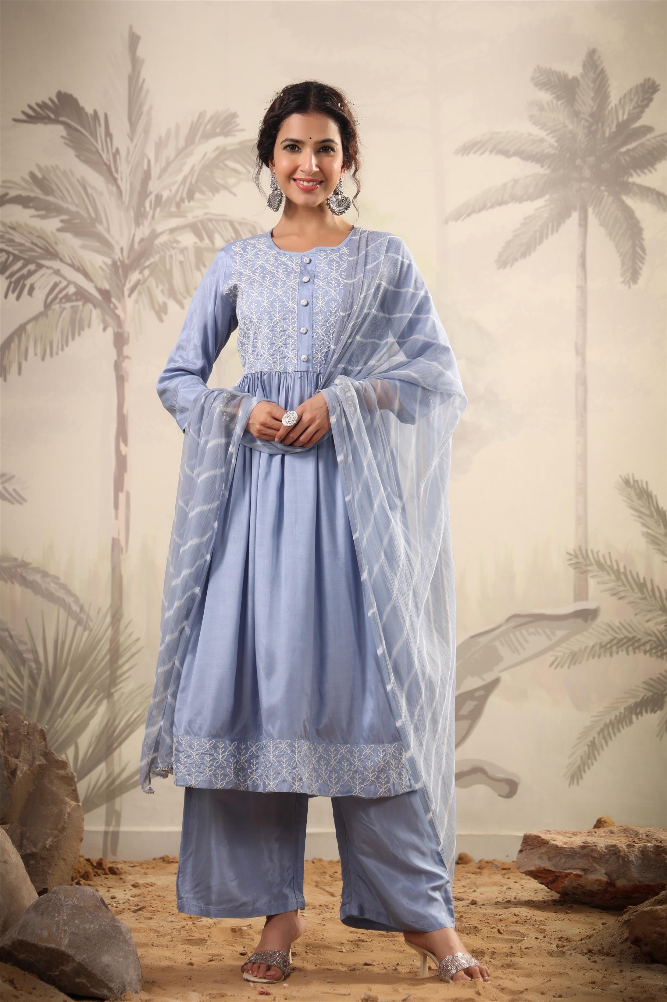 Blue Muslin Silk Embroidered Kurta Palazzo Dupatta Set