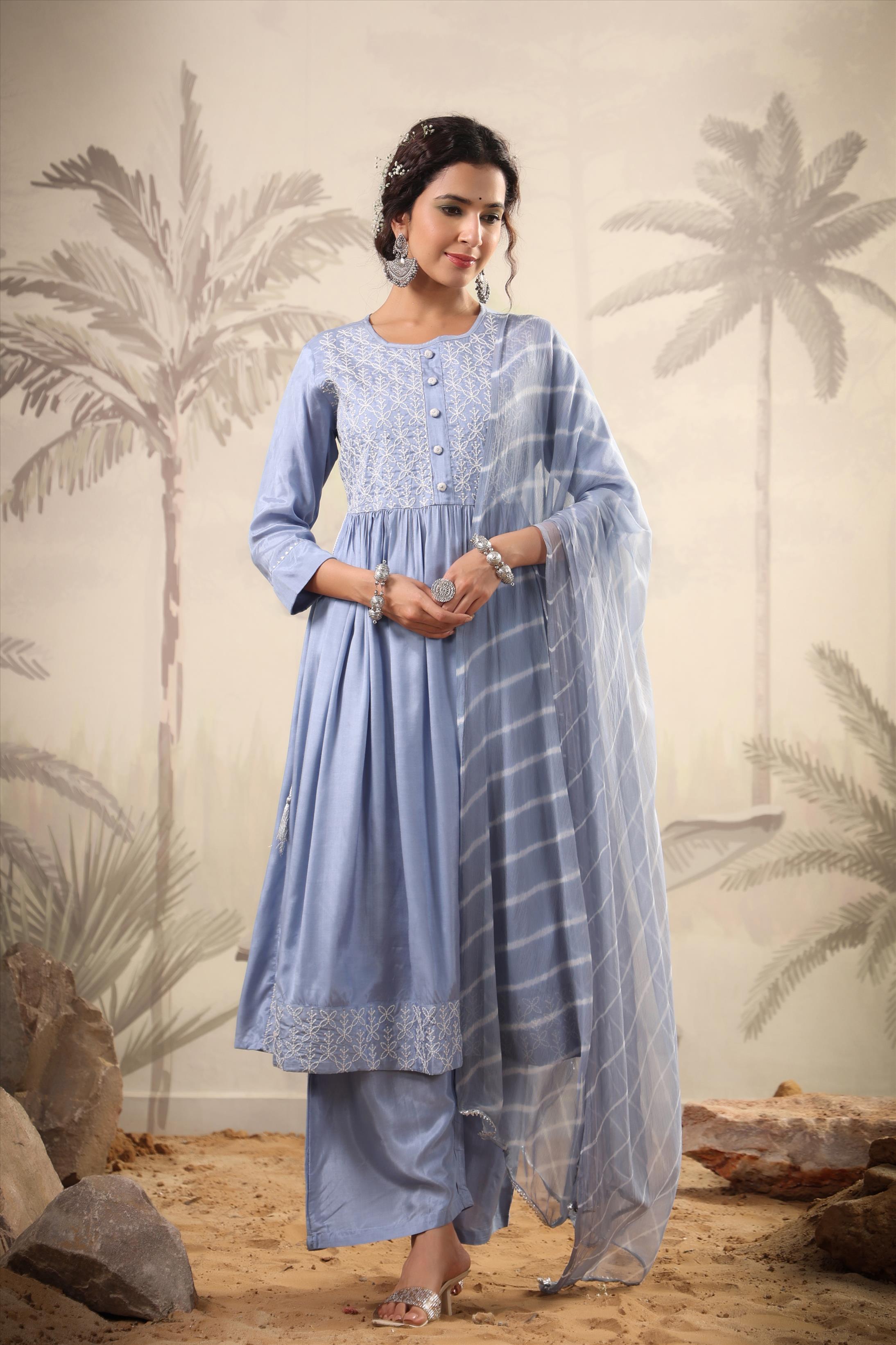 Blue Muslin Silk Embroidered Kurta Palazzo Dupatta Set