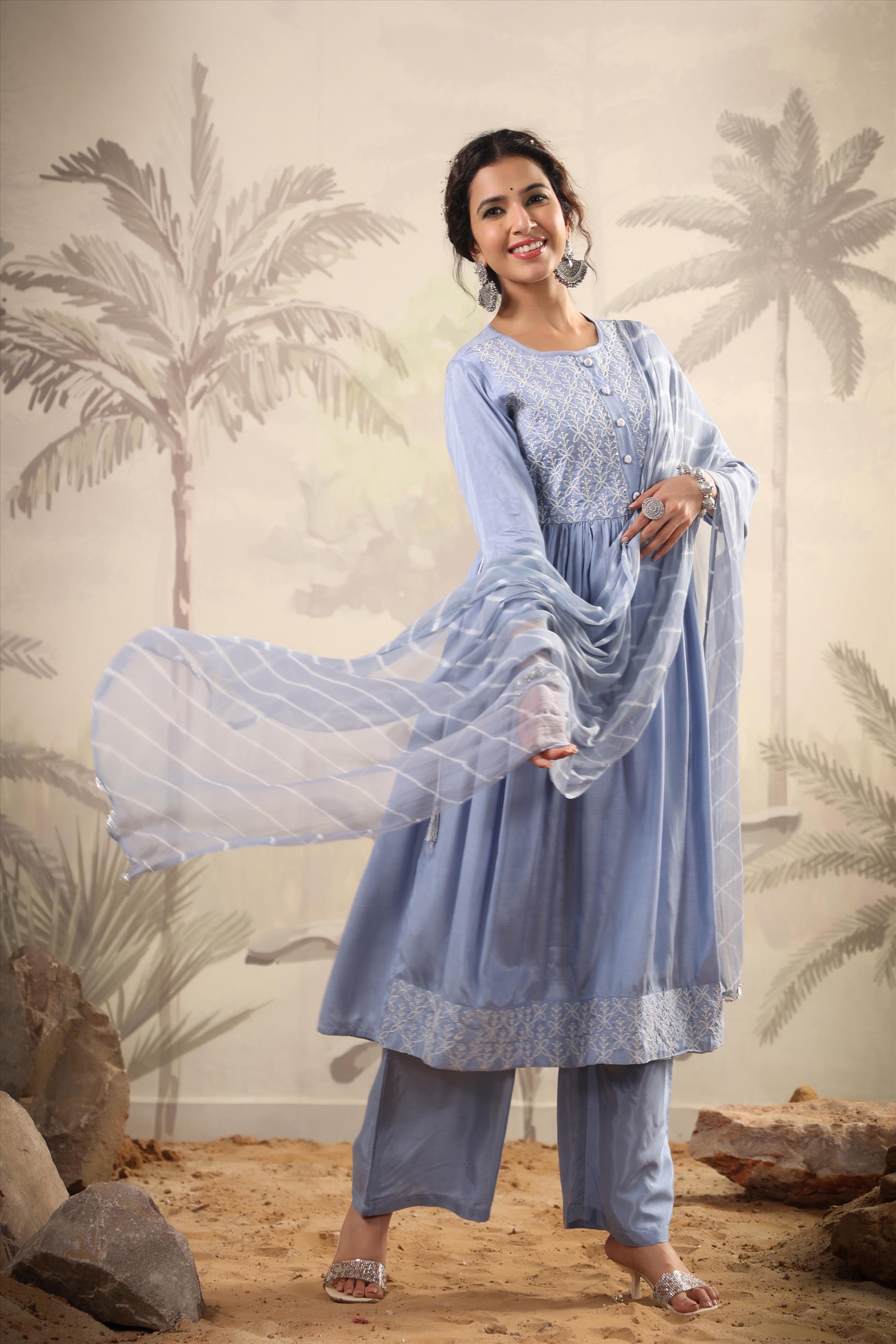 Blue Muslin Silk Embroidered Kurta Palazzo Dupatta Set