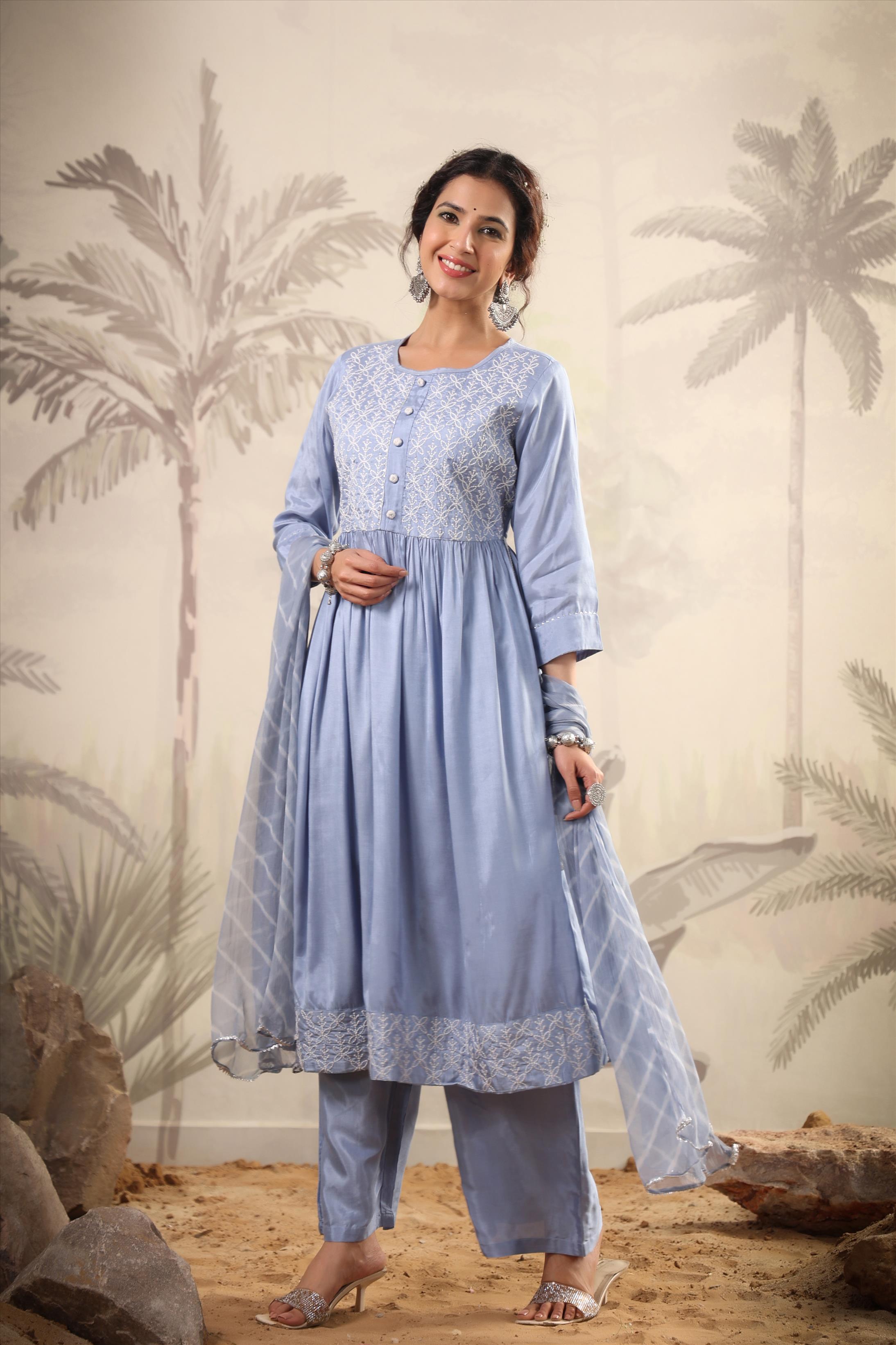 Blue Muslin Silk Embroidered Kurta Palazzo Dupatta Set