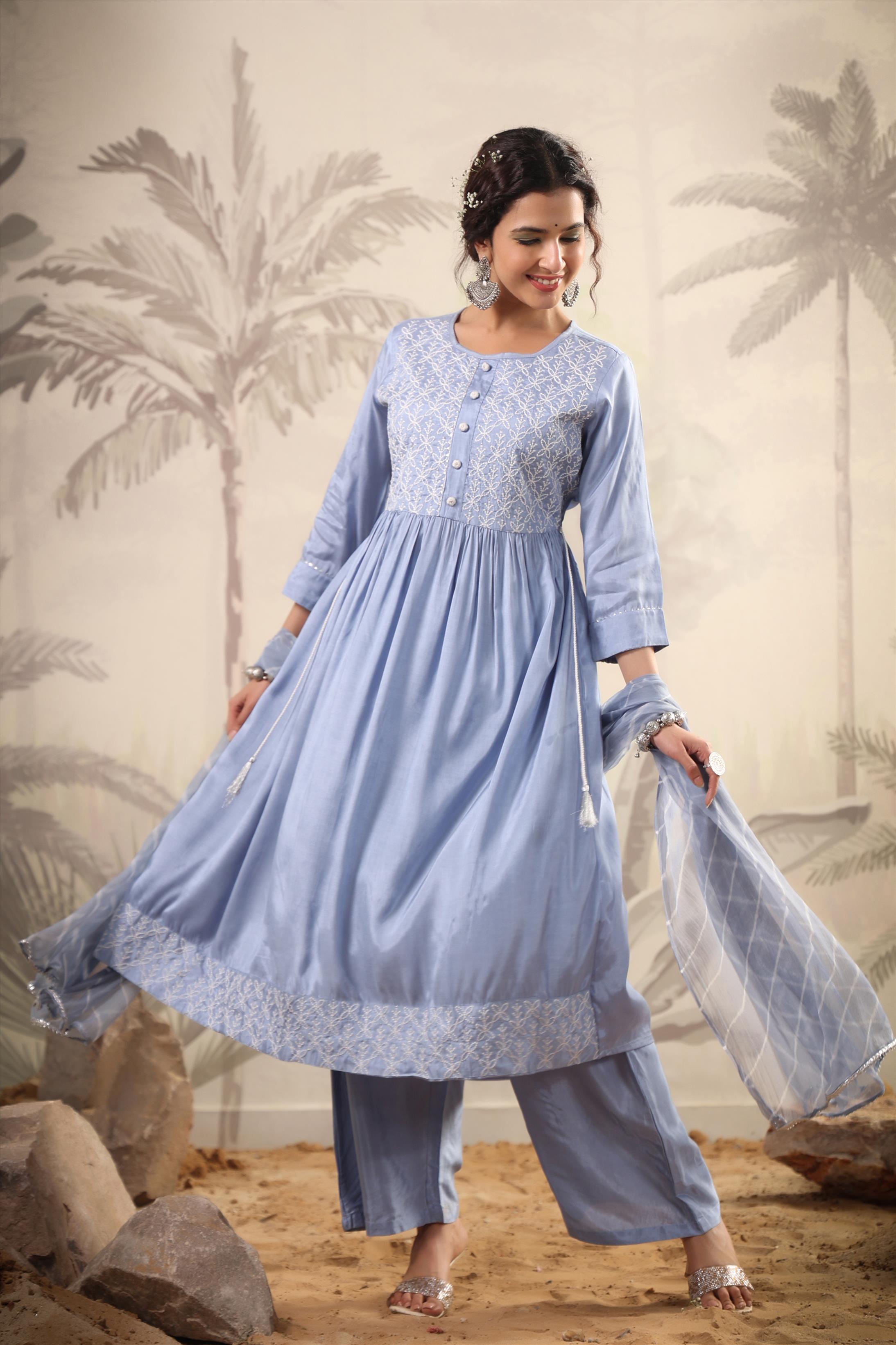 Blue Muslin Silk Embroidered Kurta Palazzo Dupatta Set