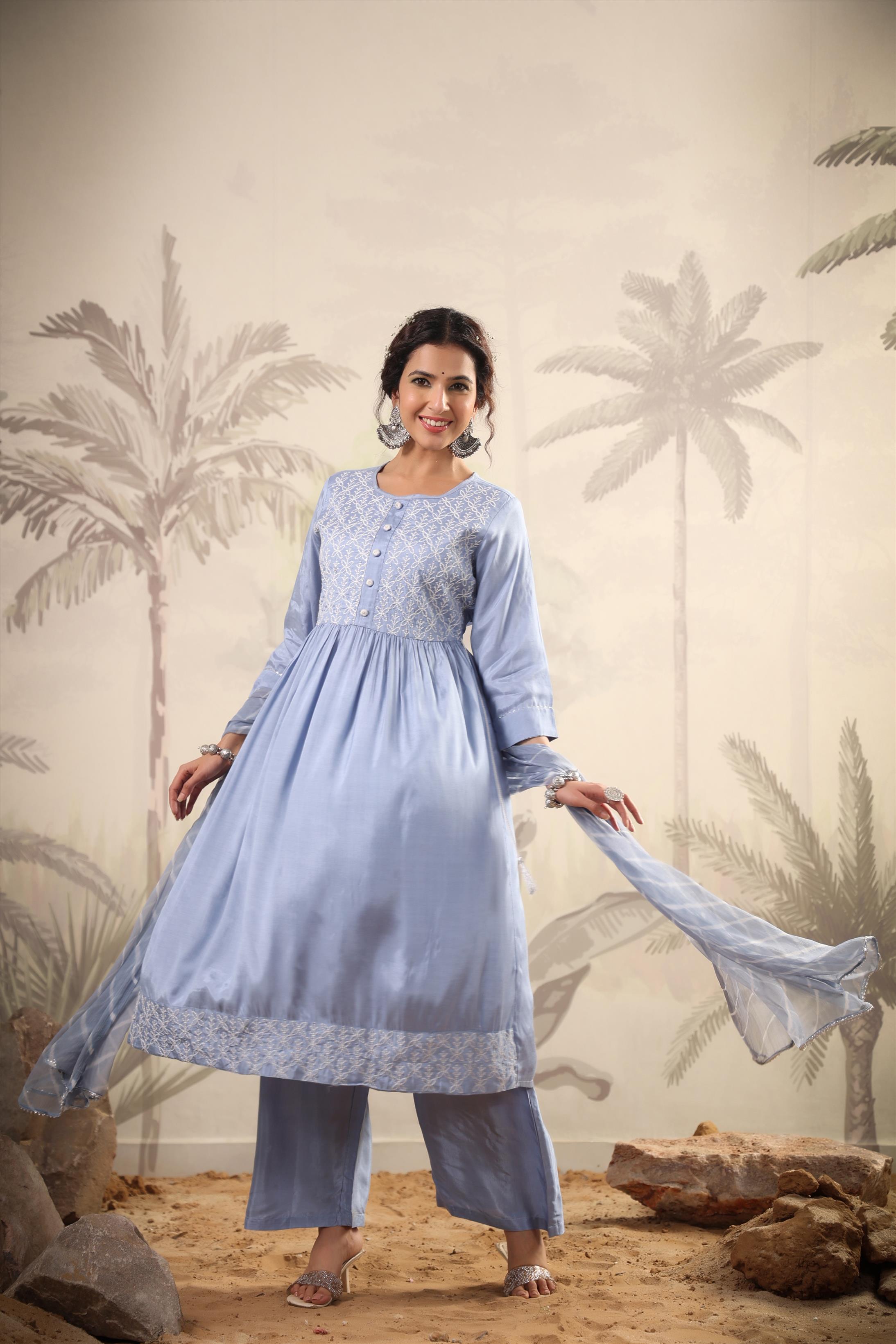 Blue Muslin Silk Embroidered Kurta Palazzo Dupatta Set