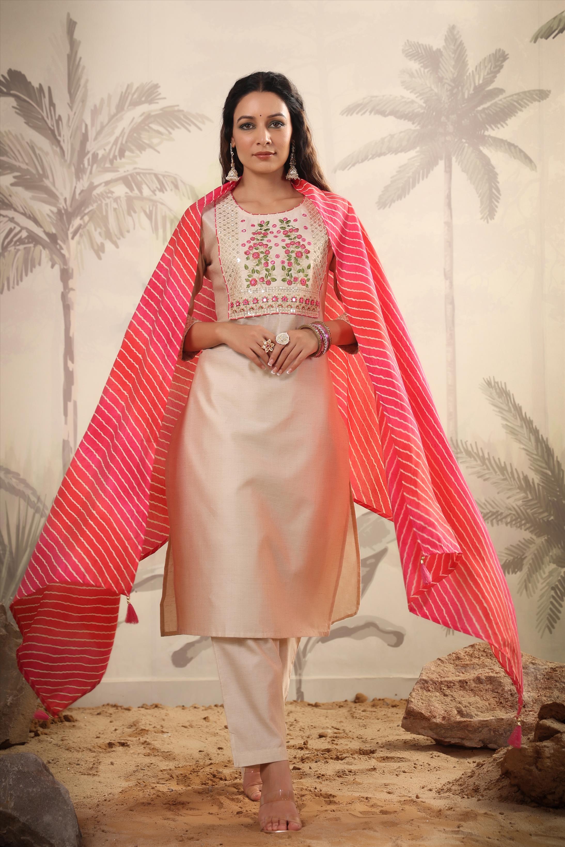 Pink Tussar Silk Embroidered Kurta With Pant & Leheriya Dupatta