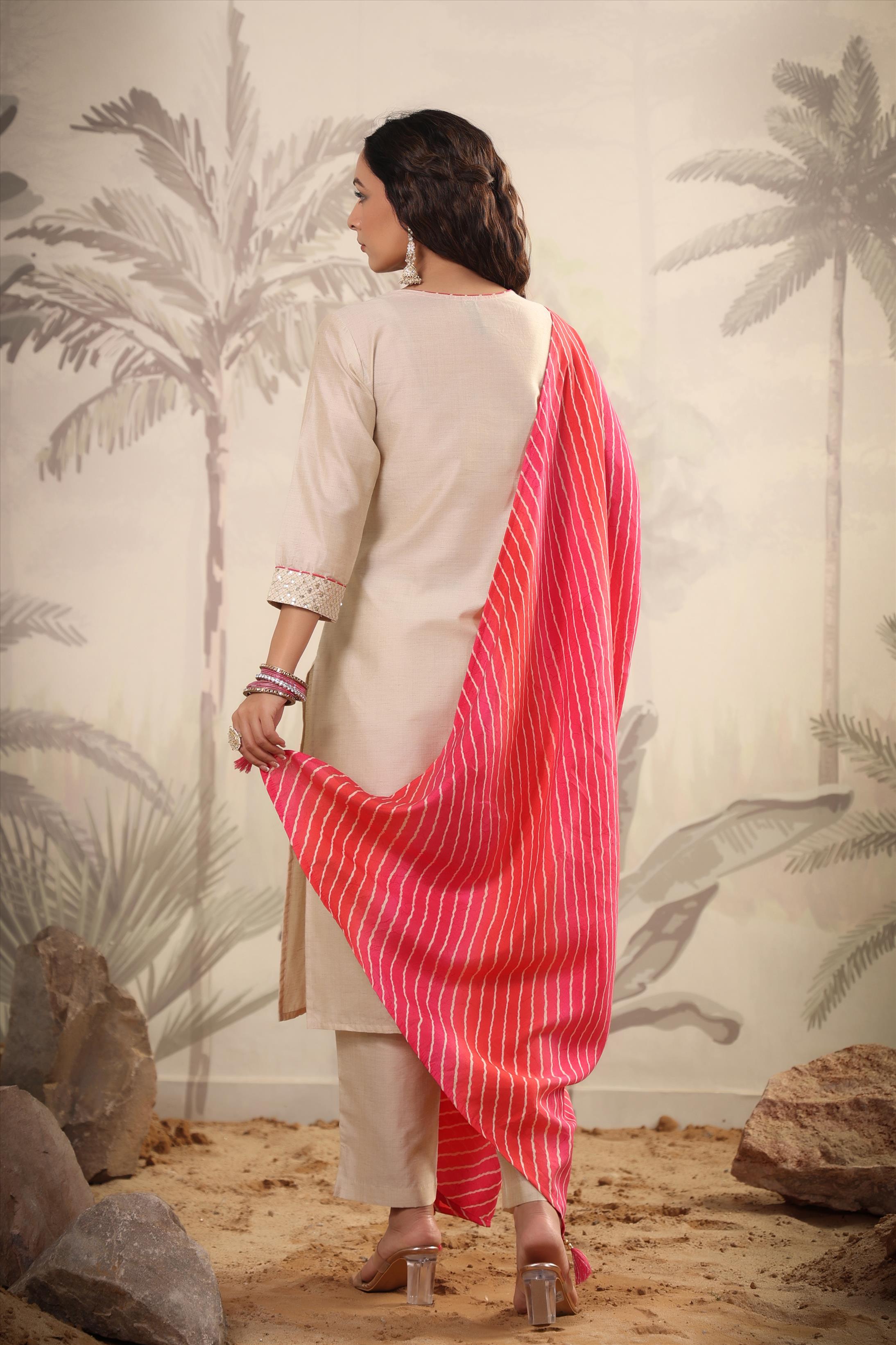 Pink Tussar Silk Embroidered Kurta With Pant & Leheriya Dupatta