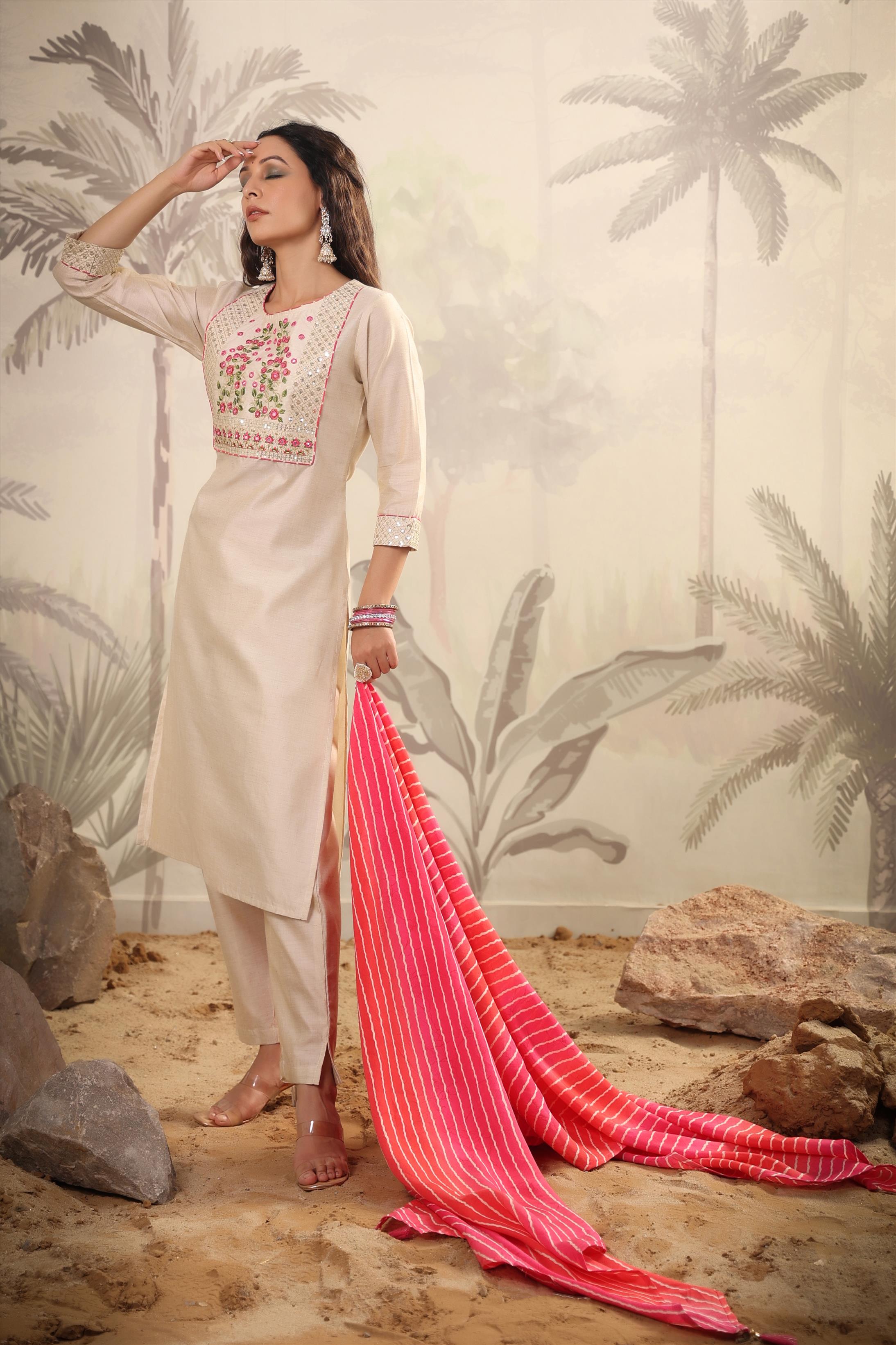 Pink Tussar Silk Embroidered Kurta With Pant & Leheriya Dupatta