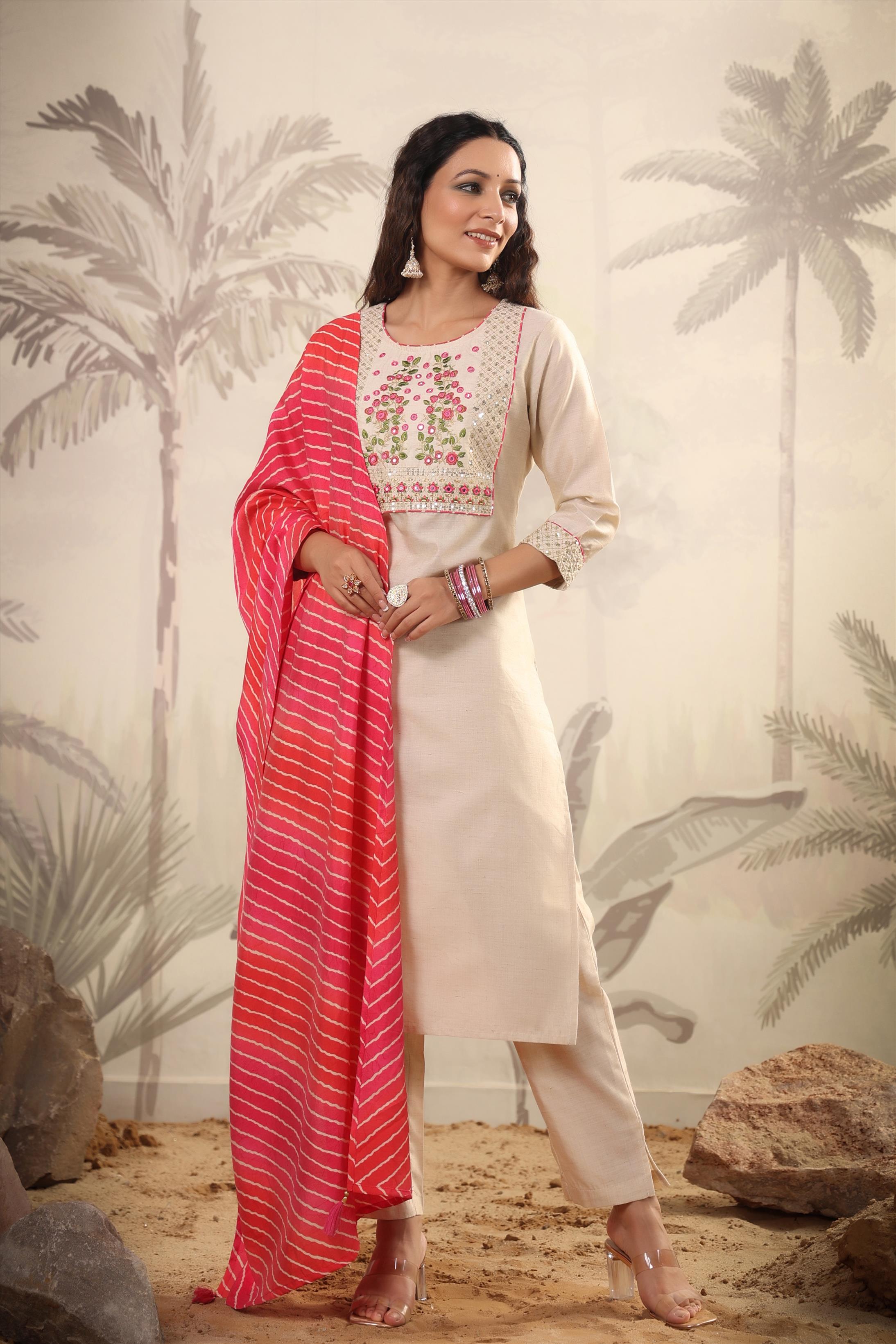 Pink Tussar Silk Embroidered Kurta With Pant & Leheriya Dupatta