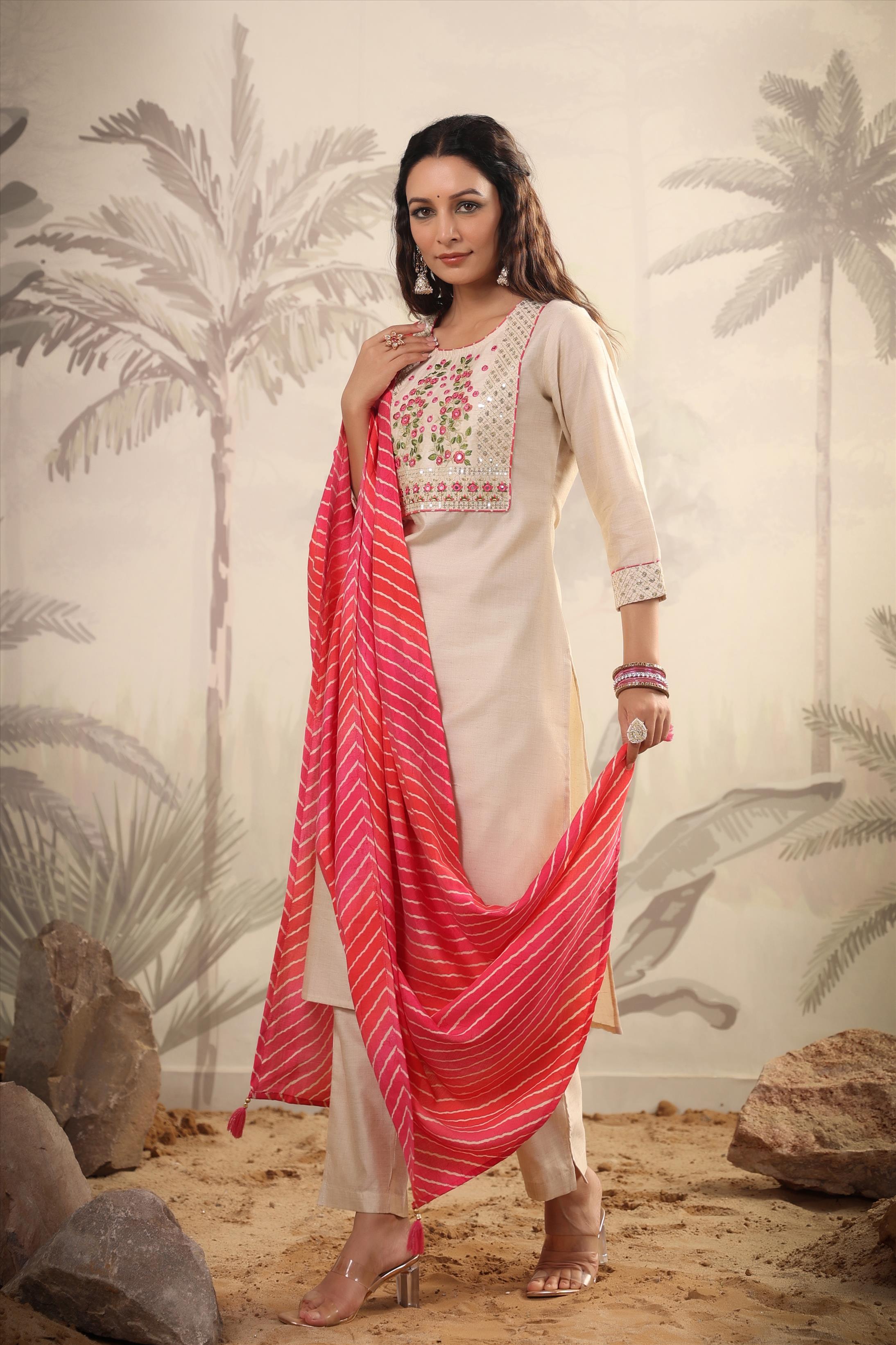 Pink Tussar Silk Embroidered Kurta With Pant & Leheriya Dupatta