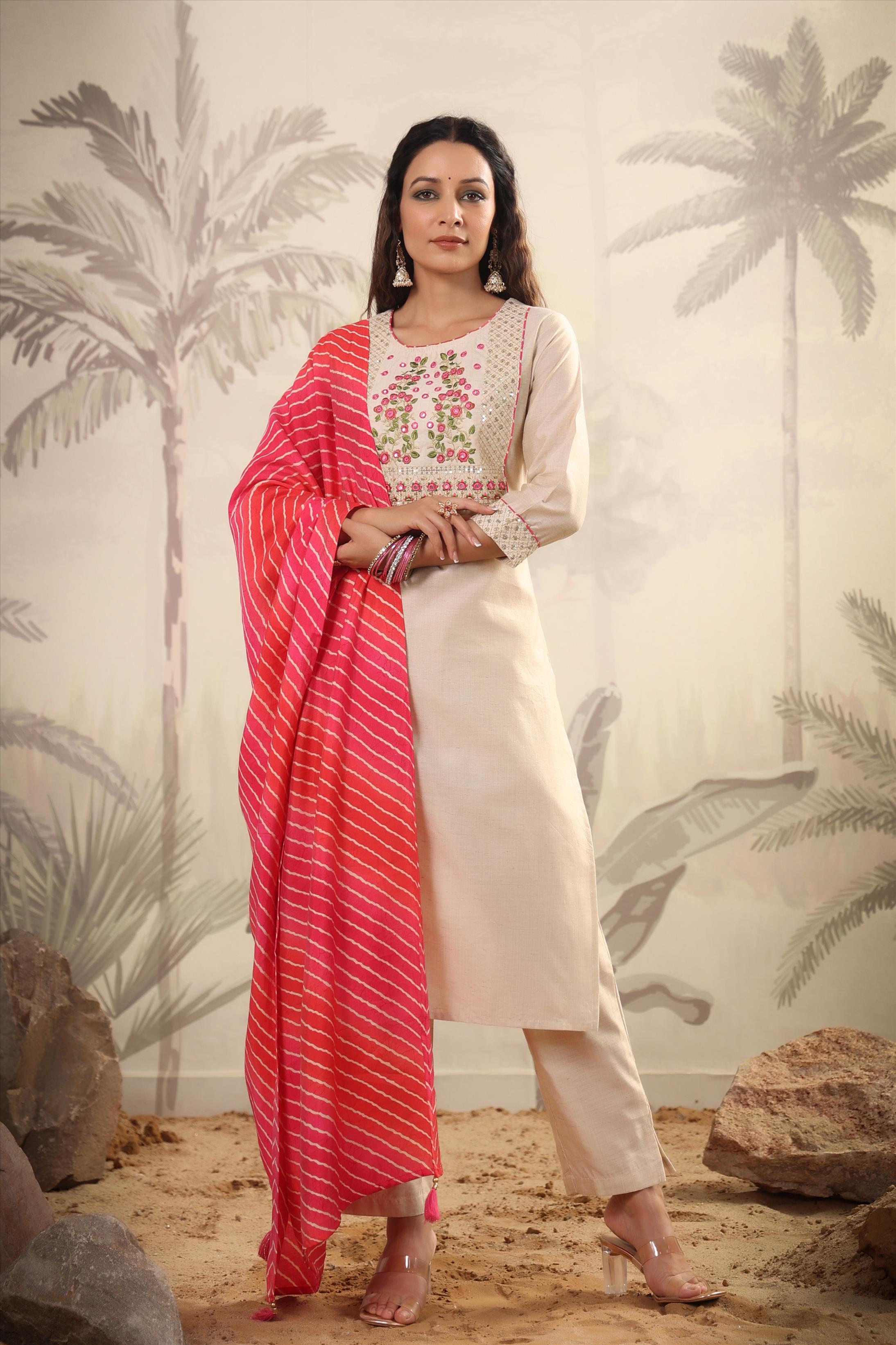 Pink Tussar Silk Embroidered Kurta With Pant & Leheriya Dupatta