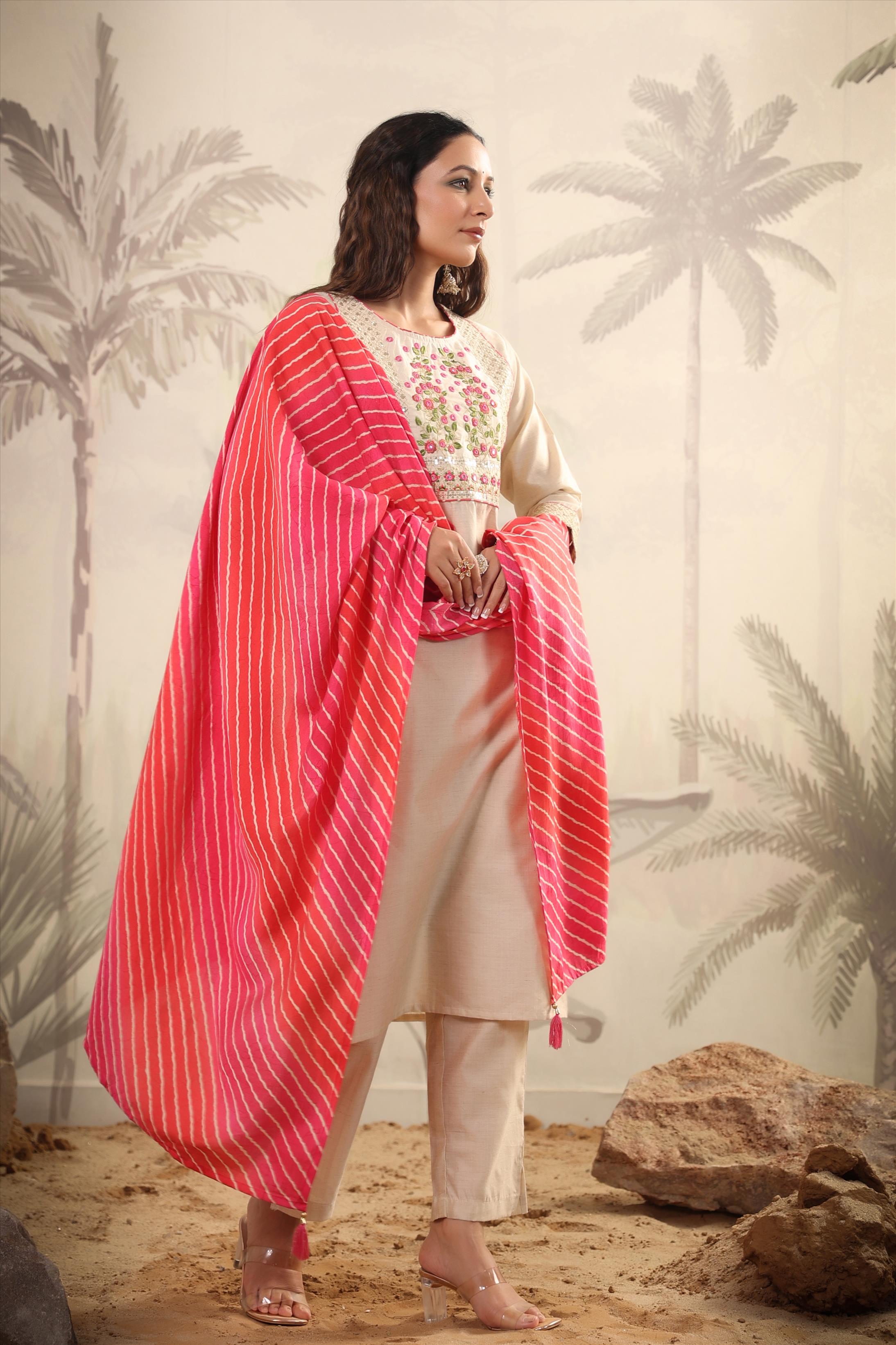Pink Tussar Silk Embroidered Kurta With Pant & Leheriya Dupatta