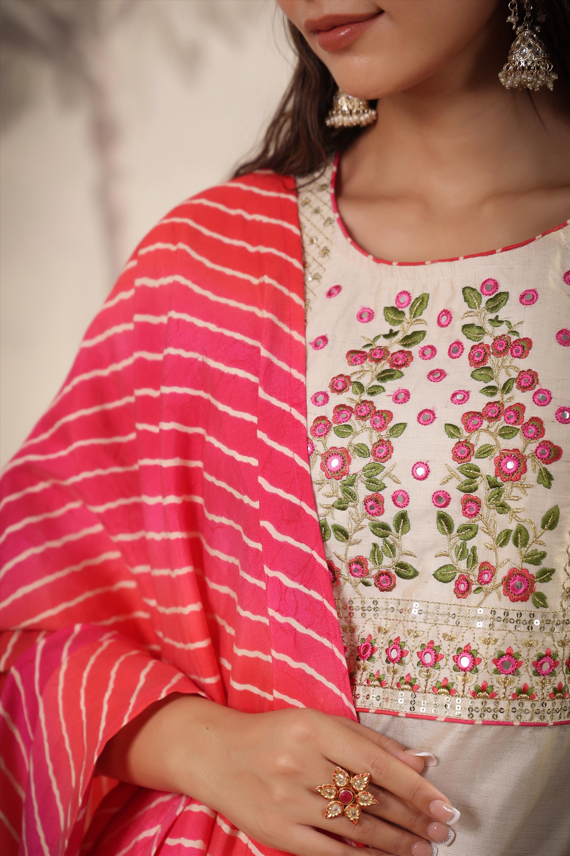 Pink Tussar Silk Embroidered Kurta With Pant & Leheriya Dupatta
