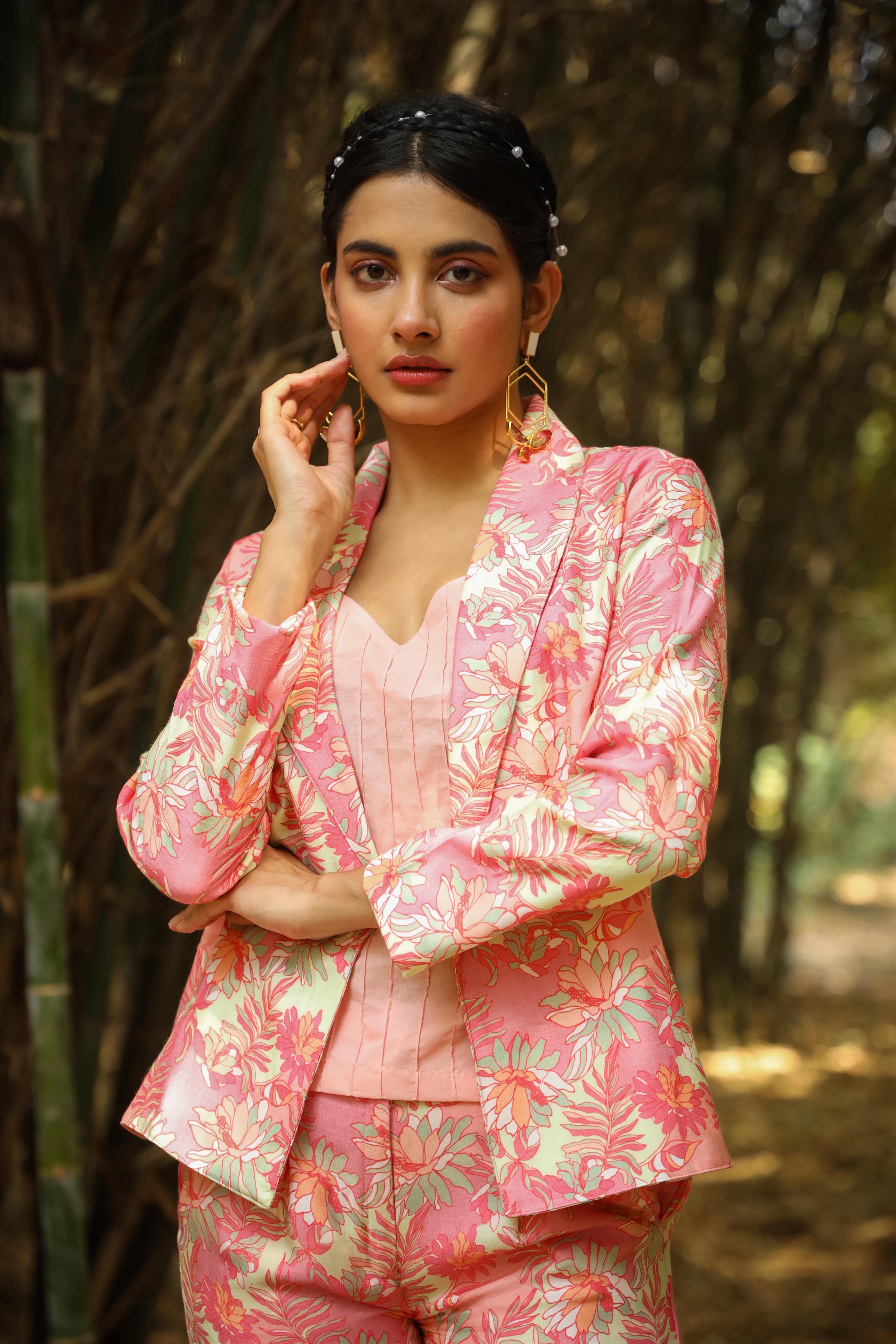 Pink Muslin Silk Floral Print Top Pant Blazer Co-Ord Set