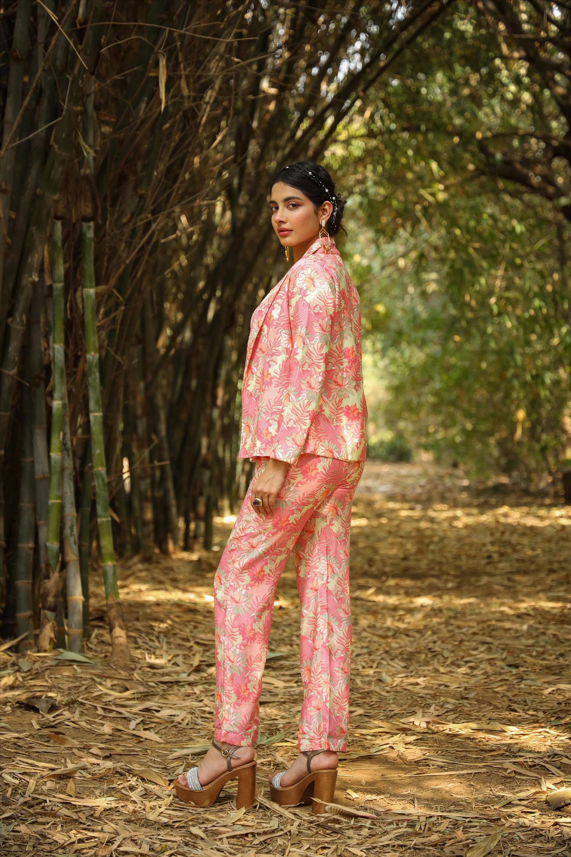 Pink Muslin Silk Floral Print Top Pant Blazer Co-Ord Set