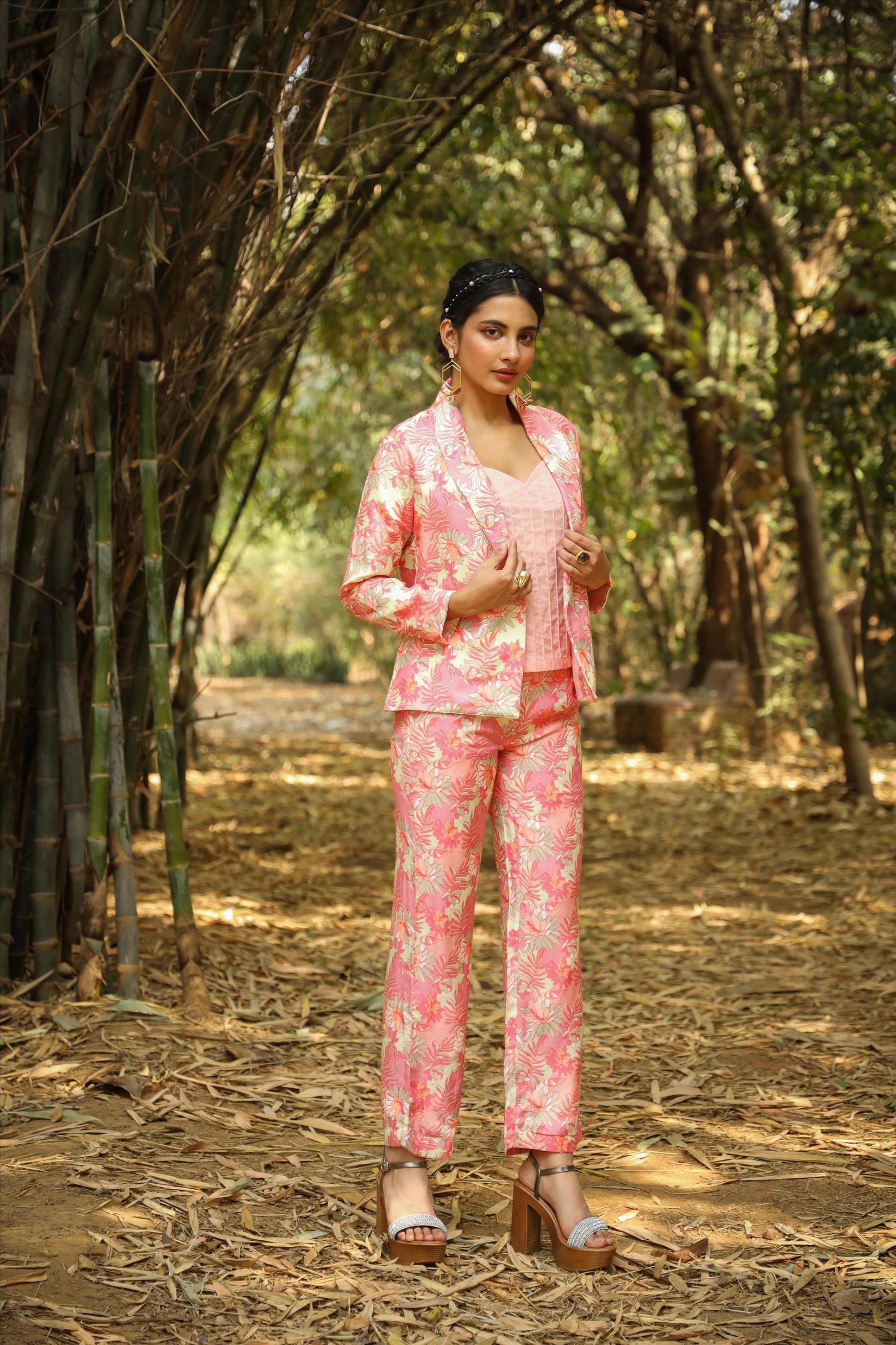 Pink Muslin Silk Floral Print Top Pant Blazer Co-Ord Set