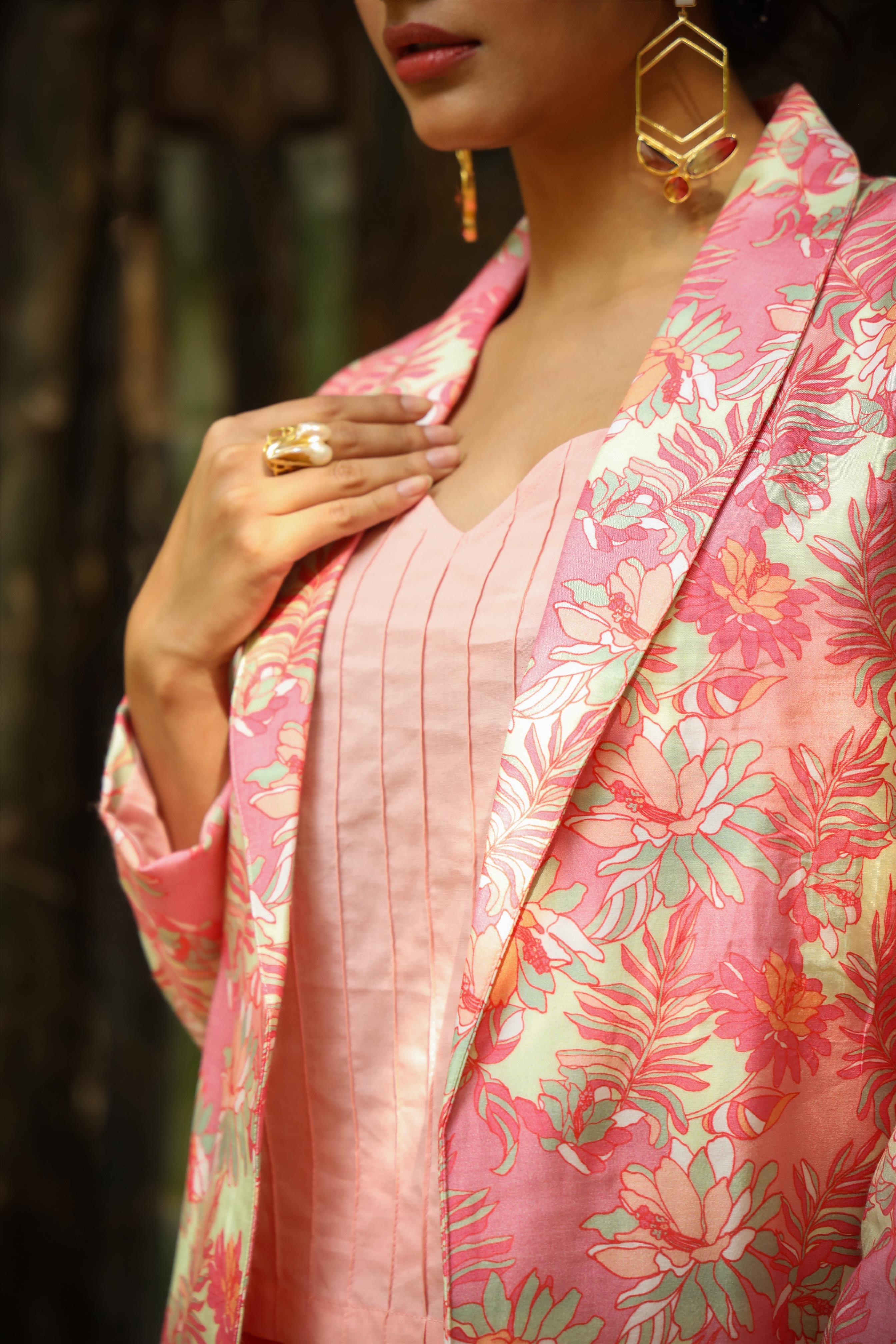 Pink Muslin Silk Floral Print Top Pant Blazer Co-Ord Set