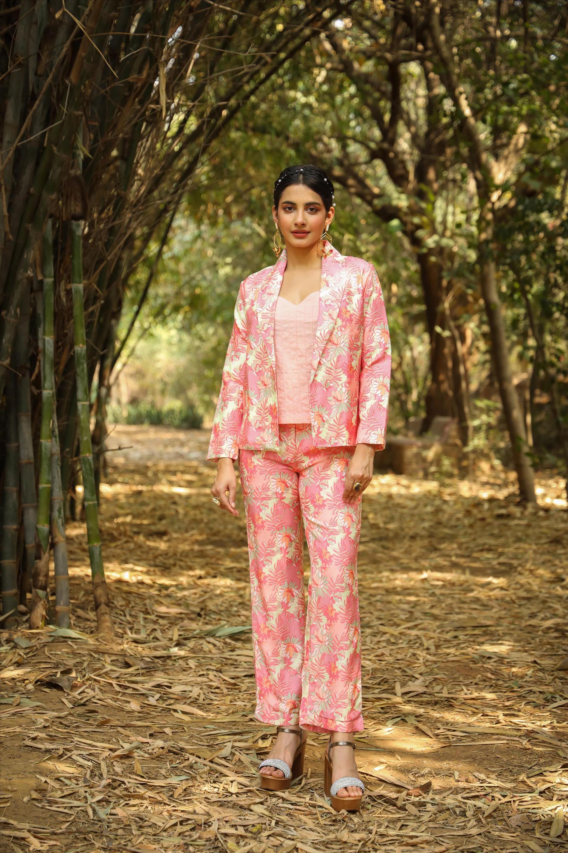 Pink Muslin Silk Floral Print Top Pant Blazer Co-Ord Set