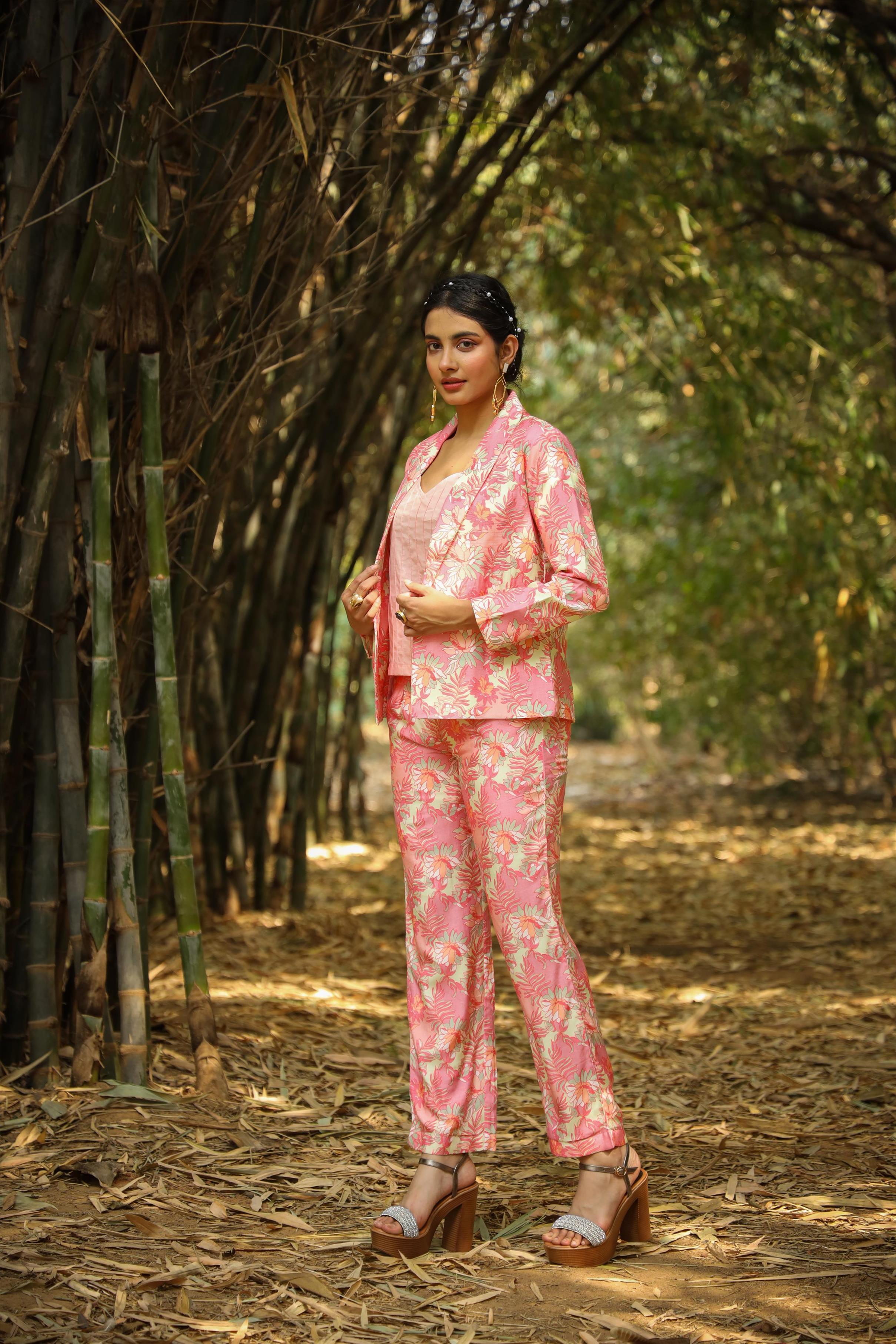 Pink Muslin Silk Floral Print Top Pant Blazer Co-Ord Set