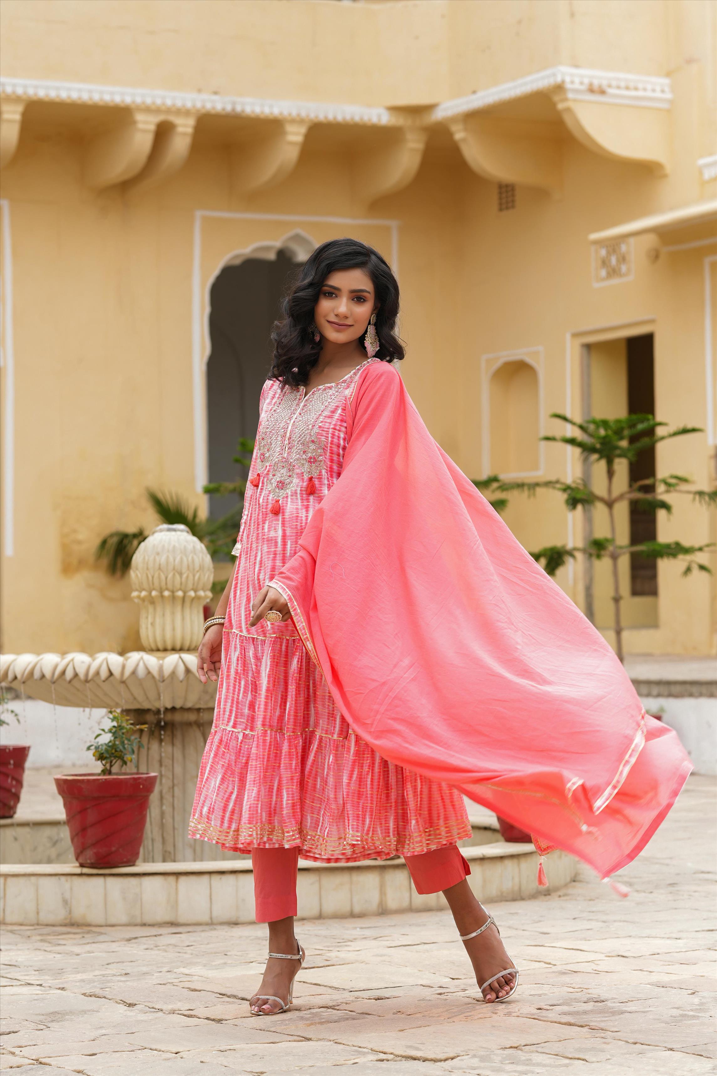Pink Cotton Mulmul Shibori Anarkali Suit Set