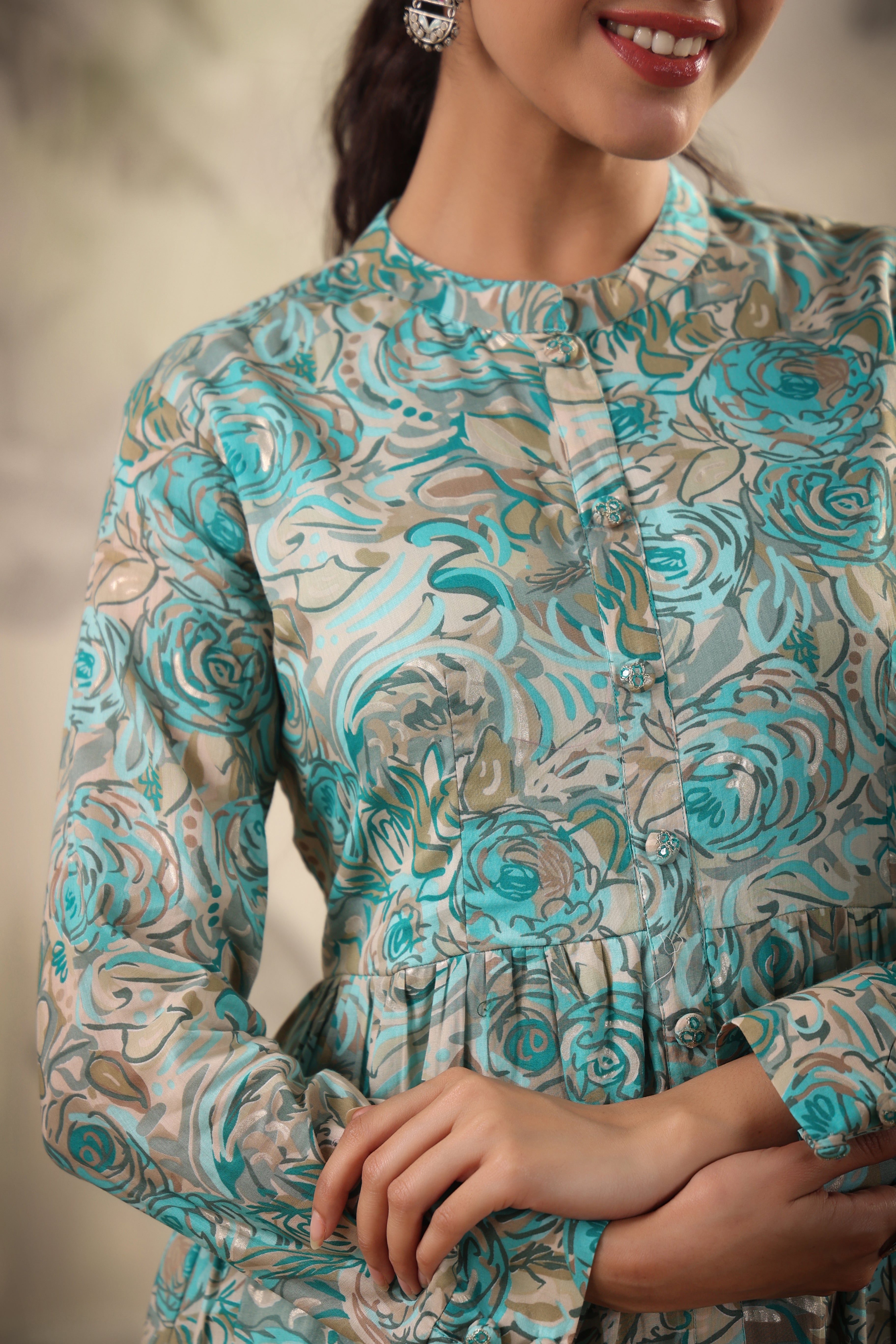 Aqua Mul Cotton Digital Floral Print Tiered Ethnic Dress