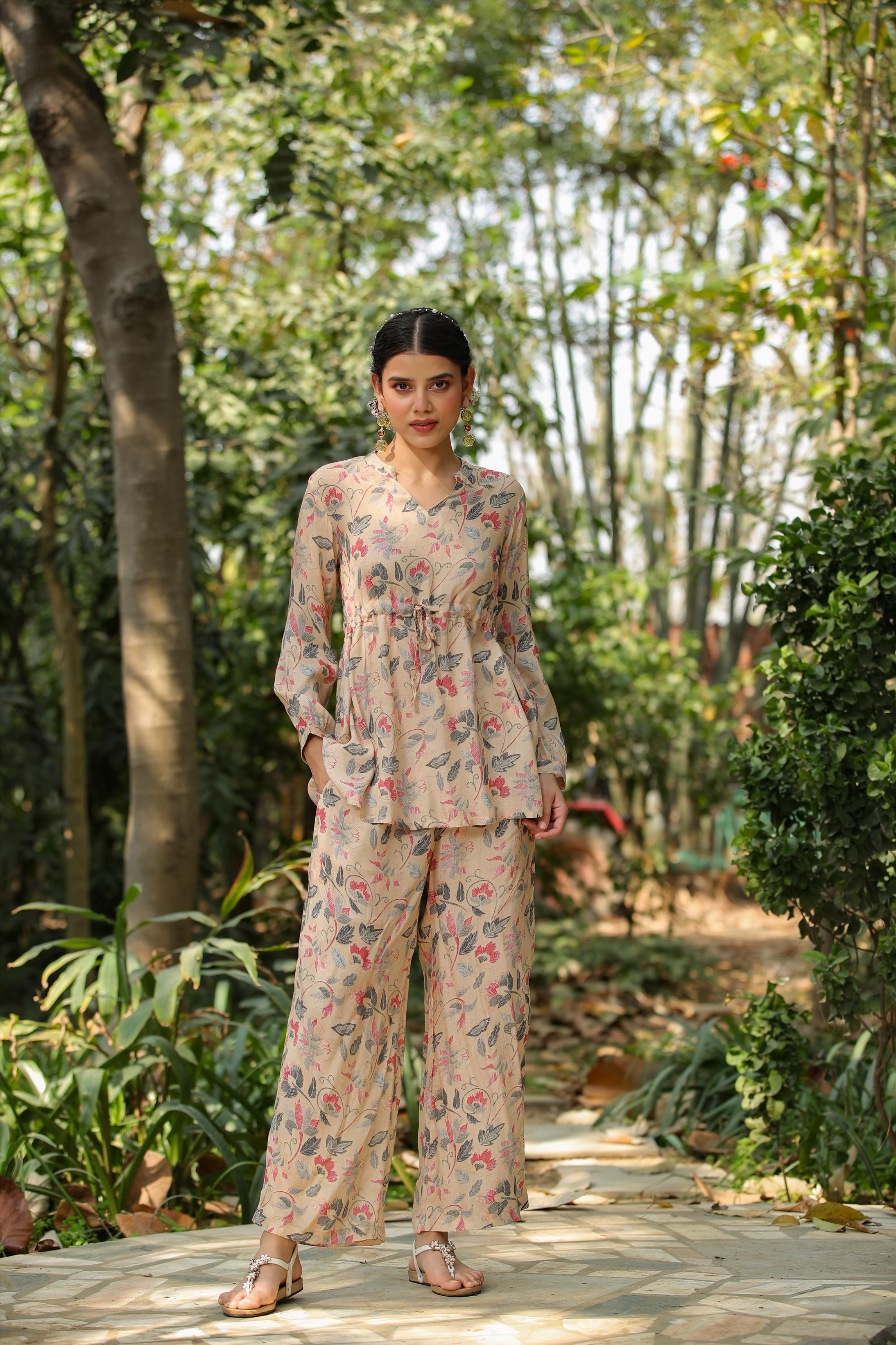 Beige Muslin Silk Printed Peplum Kurti With Palazzo Co-Ord Set