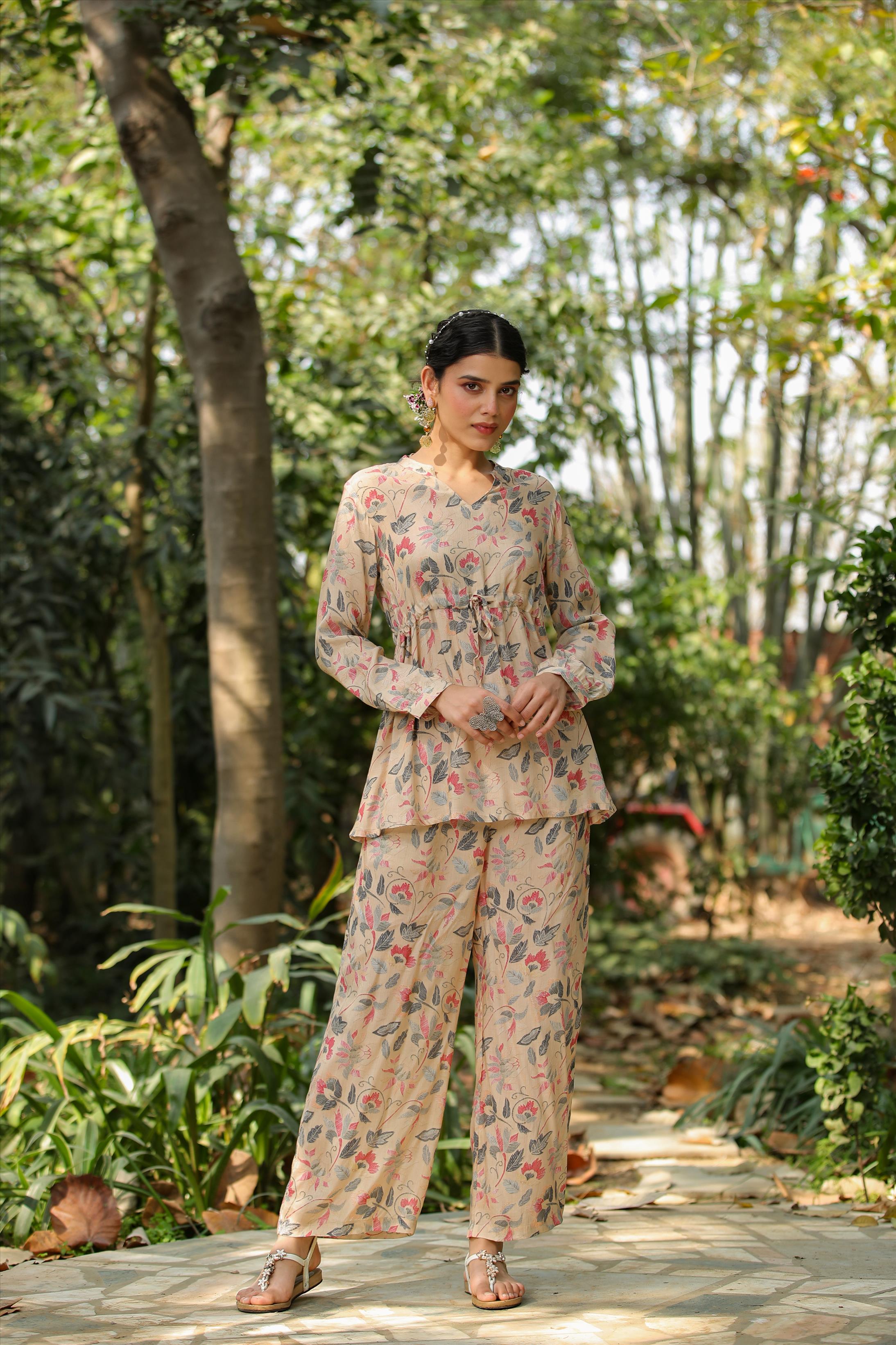 Beige Muslin Silk Printed Peplum Kurti With Palazzo Co-Ord Set