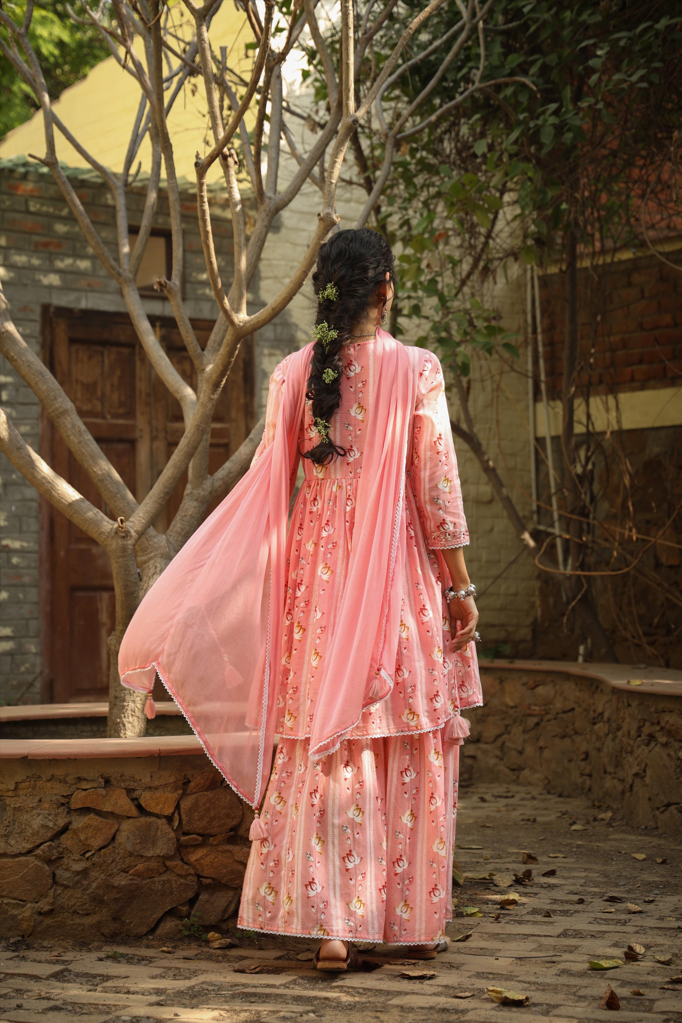 Pink Cotton Mulmul Floral Hand painted Peplum Kurti Sharara Dupatta Set